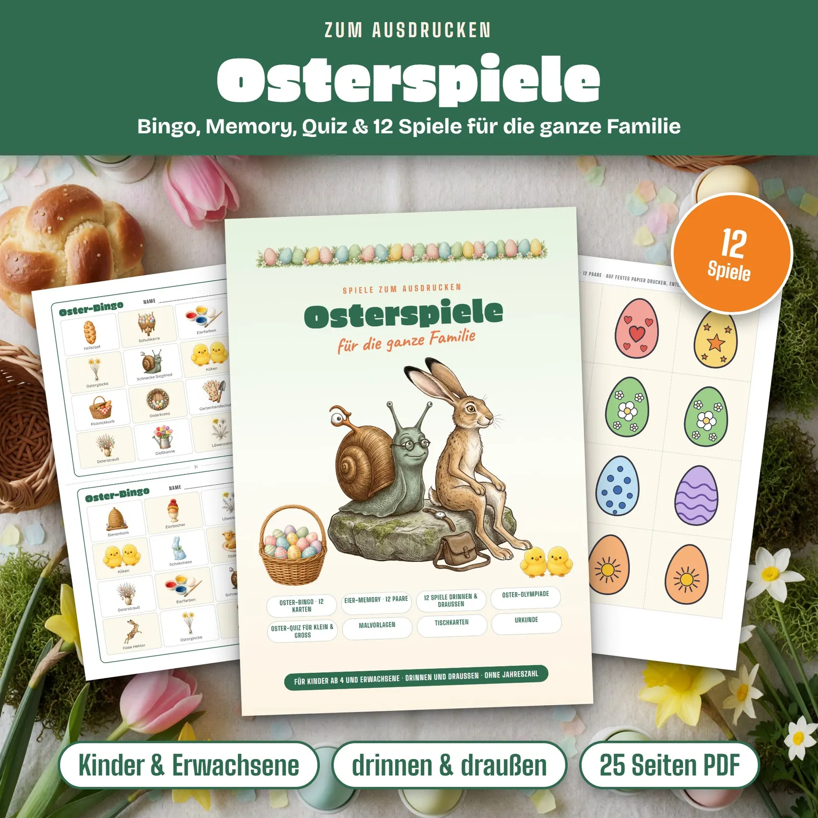Osterspiele für die Familie zum Ausdrucken – Bingo, Memory und Quiz Osterspiele für die Familie zum Ausdrucken – Bingo, Memory und Quiz – Titelbild