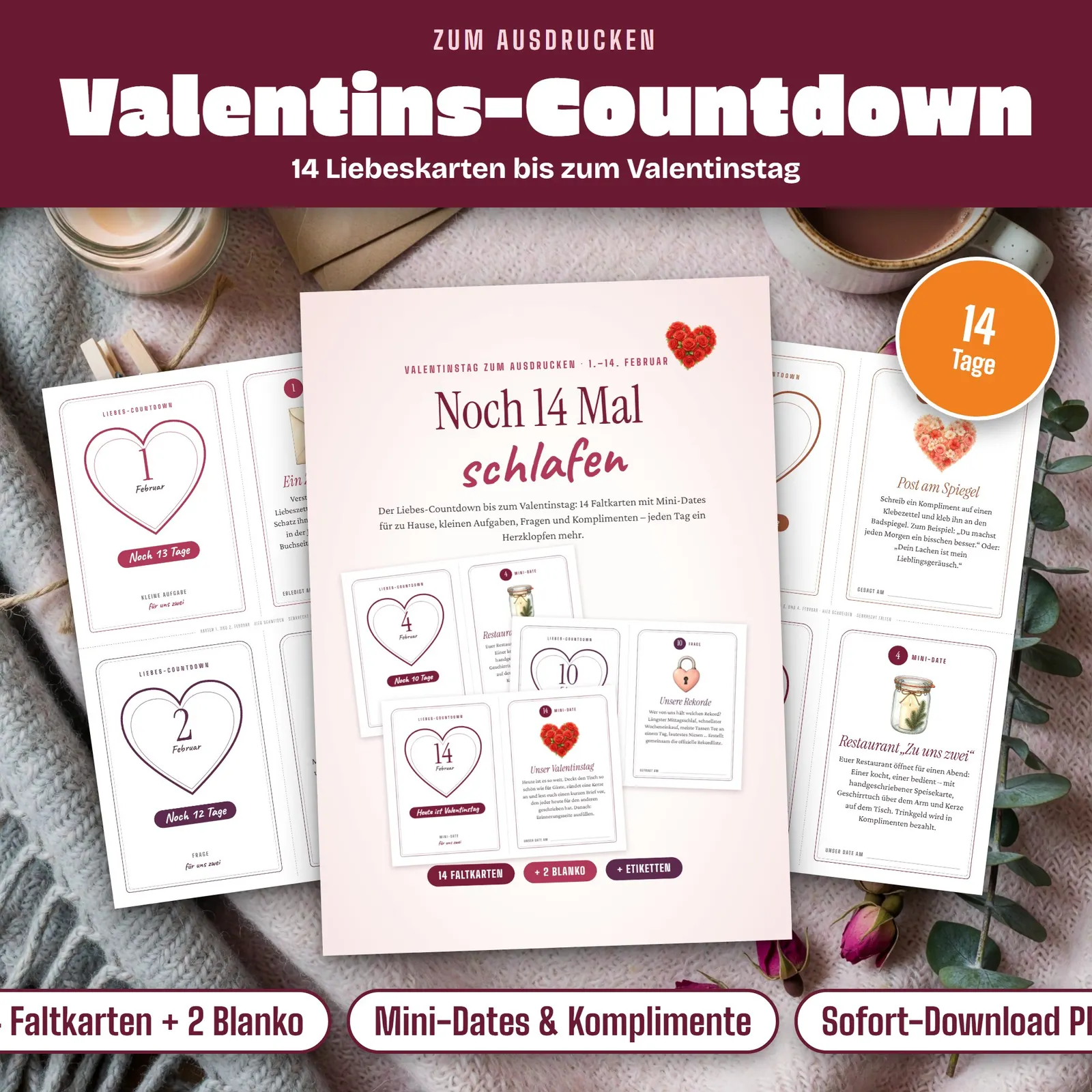 Valentinstag-Countdown zum Ausdrucken – Noch 14 Mal schlafen Valentinstag-Countdown zum Ausdrucken – Noch 14 Mal schlafen – Titelbild