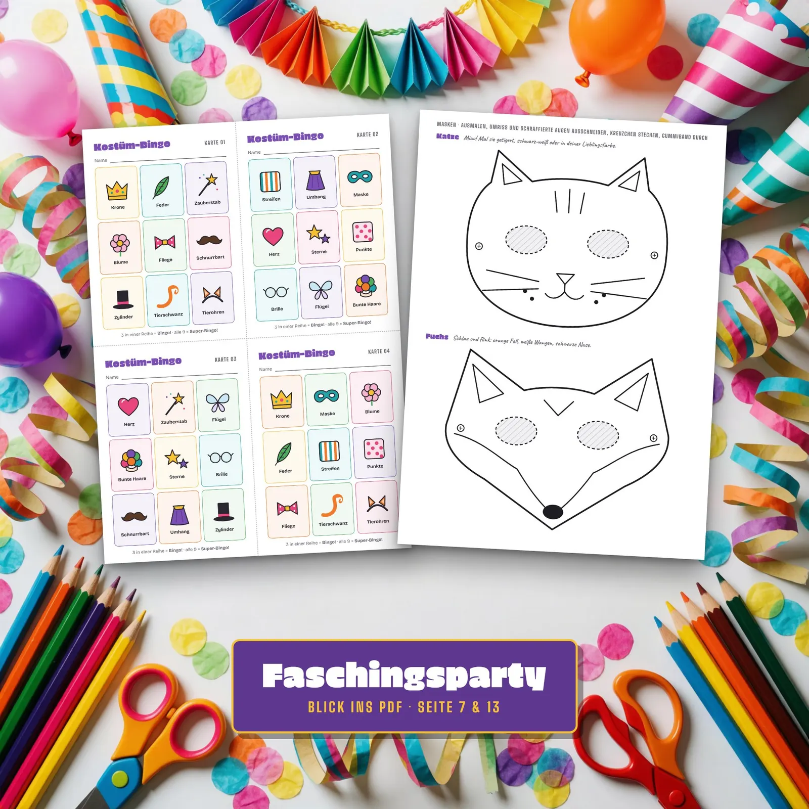 Faschingsparty für Kinder zum Ausdrucken – Spiele, Masken und Deko – Einblick 2