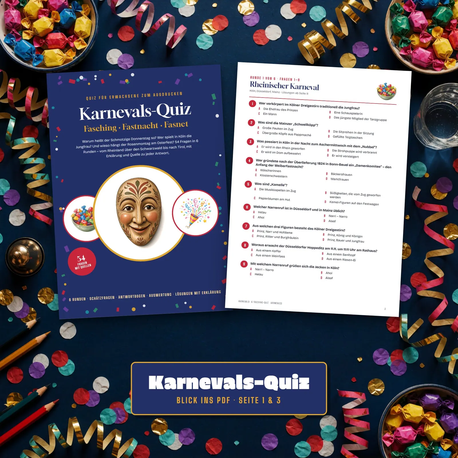 Karneval-Quiz für Erwachsene zum Ausdrucken – 54 Fragen mit Lösungen – Einblick 2