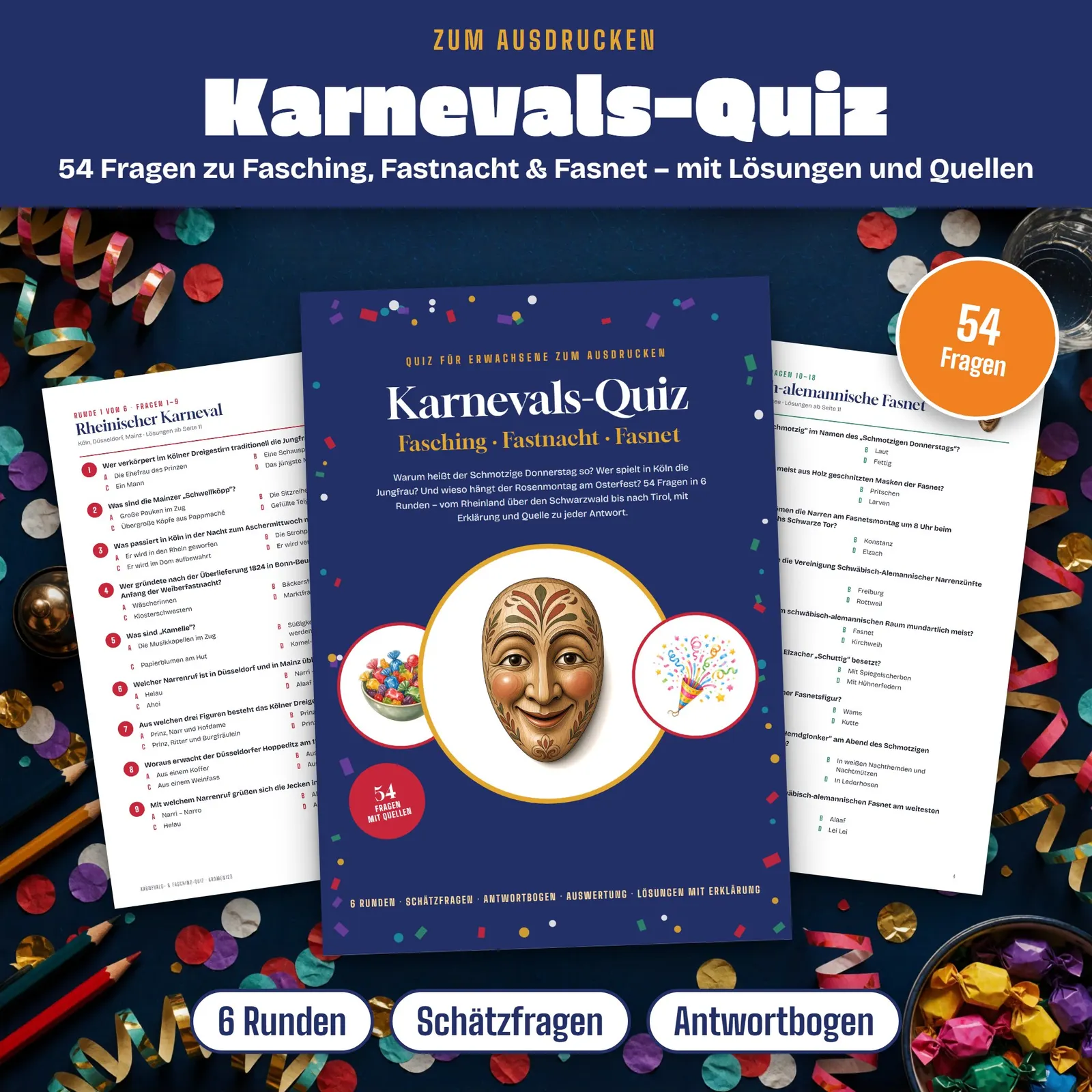 Karneval-Quiz für Erwachsene zum Ausdrucken – 54 Fragen mit Lösungen – Titelbild