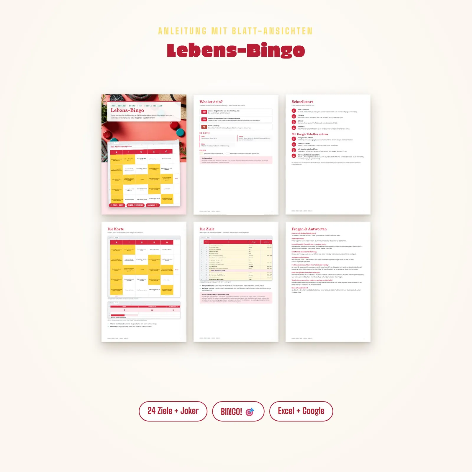 Bucket List Bingo als Excel-Vorlage – Lebens-Bingo mit 25 Feldern Bucket List Bingo als Excel-Vorlage – Lebens-Bingo mit 25 Feldern – Blick in die Tabelle 1
