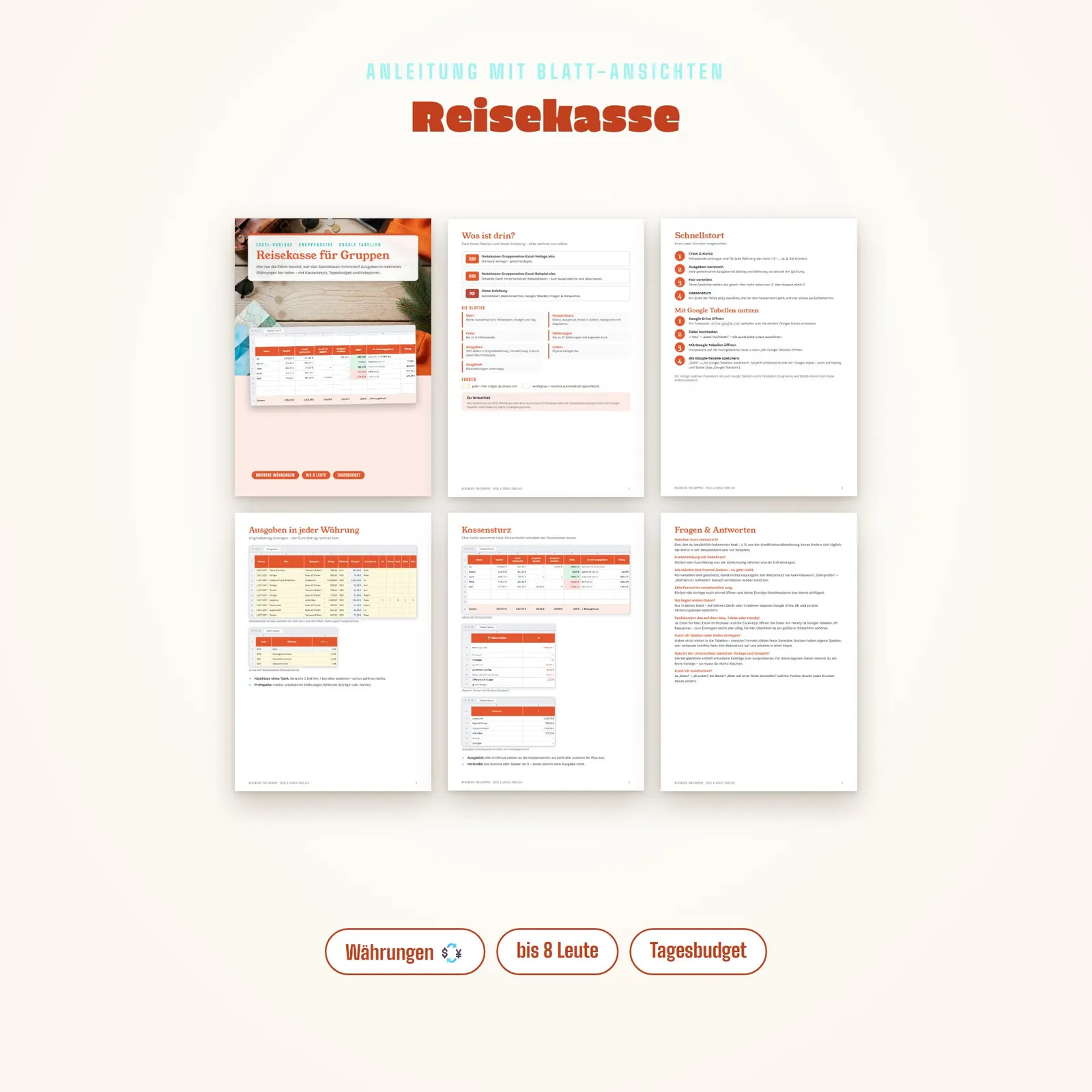 Reisekasse Excel-Vorlage für Gruppenreisen mit mehreren Währungen – Blick in die Tabelle 1