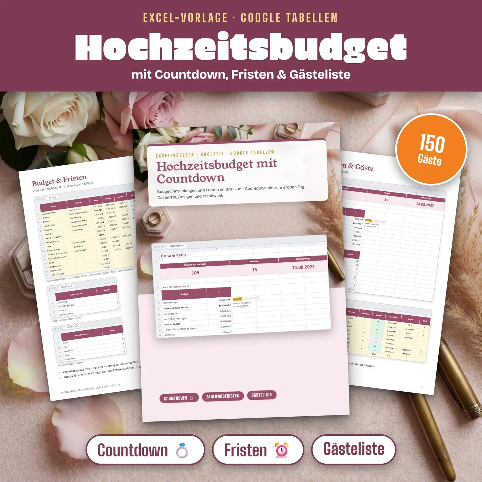 Hochzeitsbudget Excel-Vorlage mit Countdown und Gästeliste – Titelbild