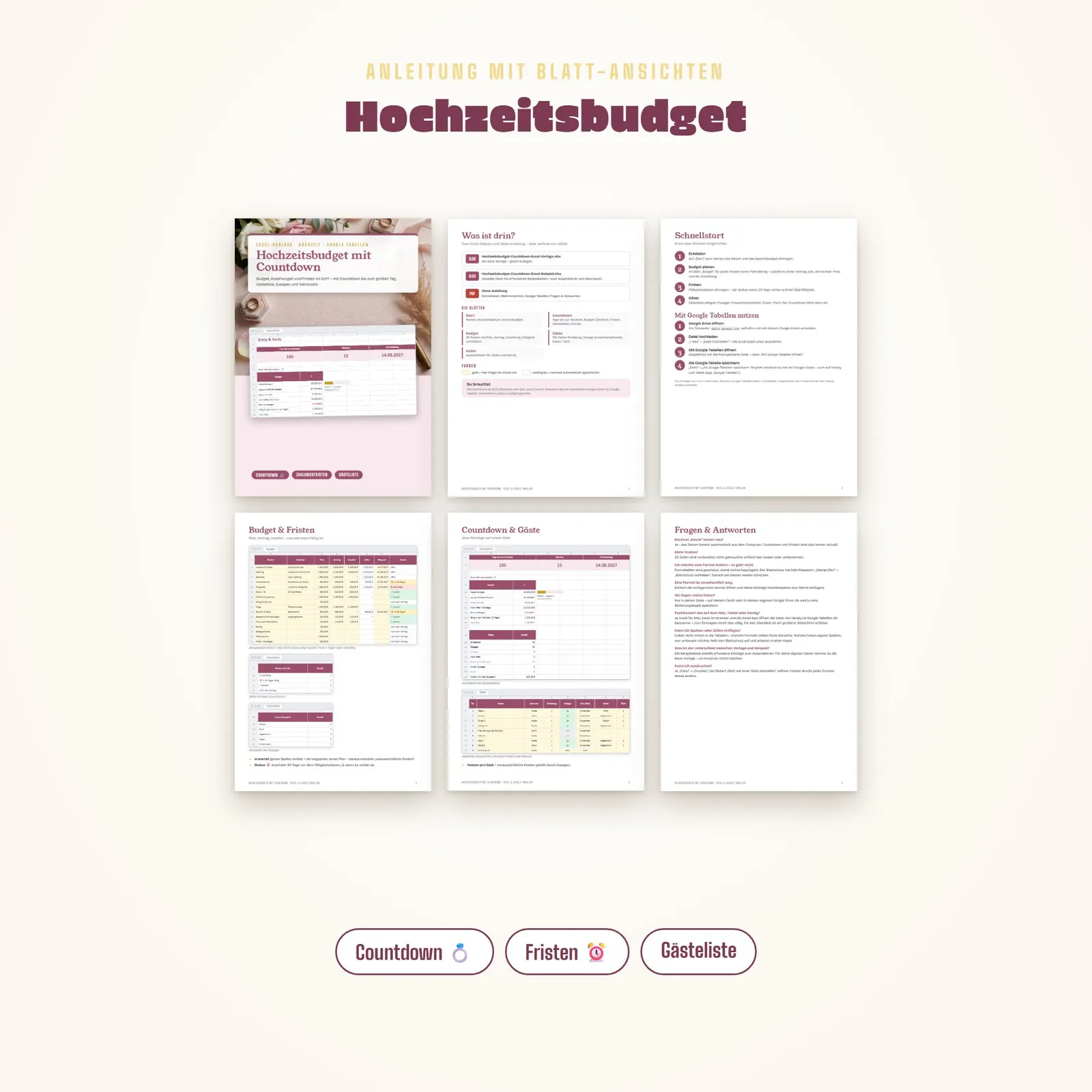 Hochzeitsbudget Excel-Vorlage mit Countdown und Gästeliste – Blick in die Tabelle 1