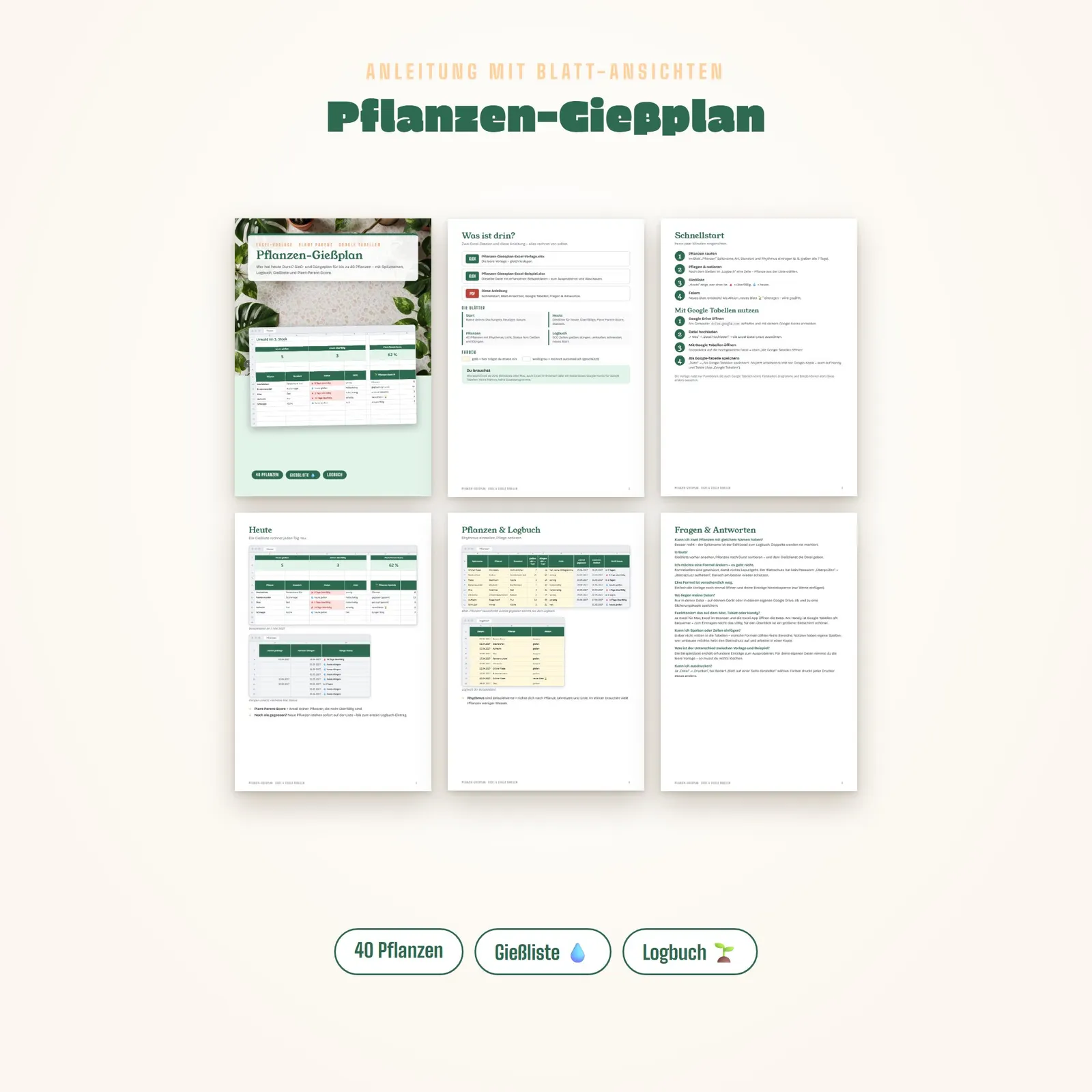 Gießplan für Zimmerpflanzen als Excel-Vorlage mit Düngeplan – Blick in die Tabelle 1