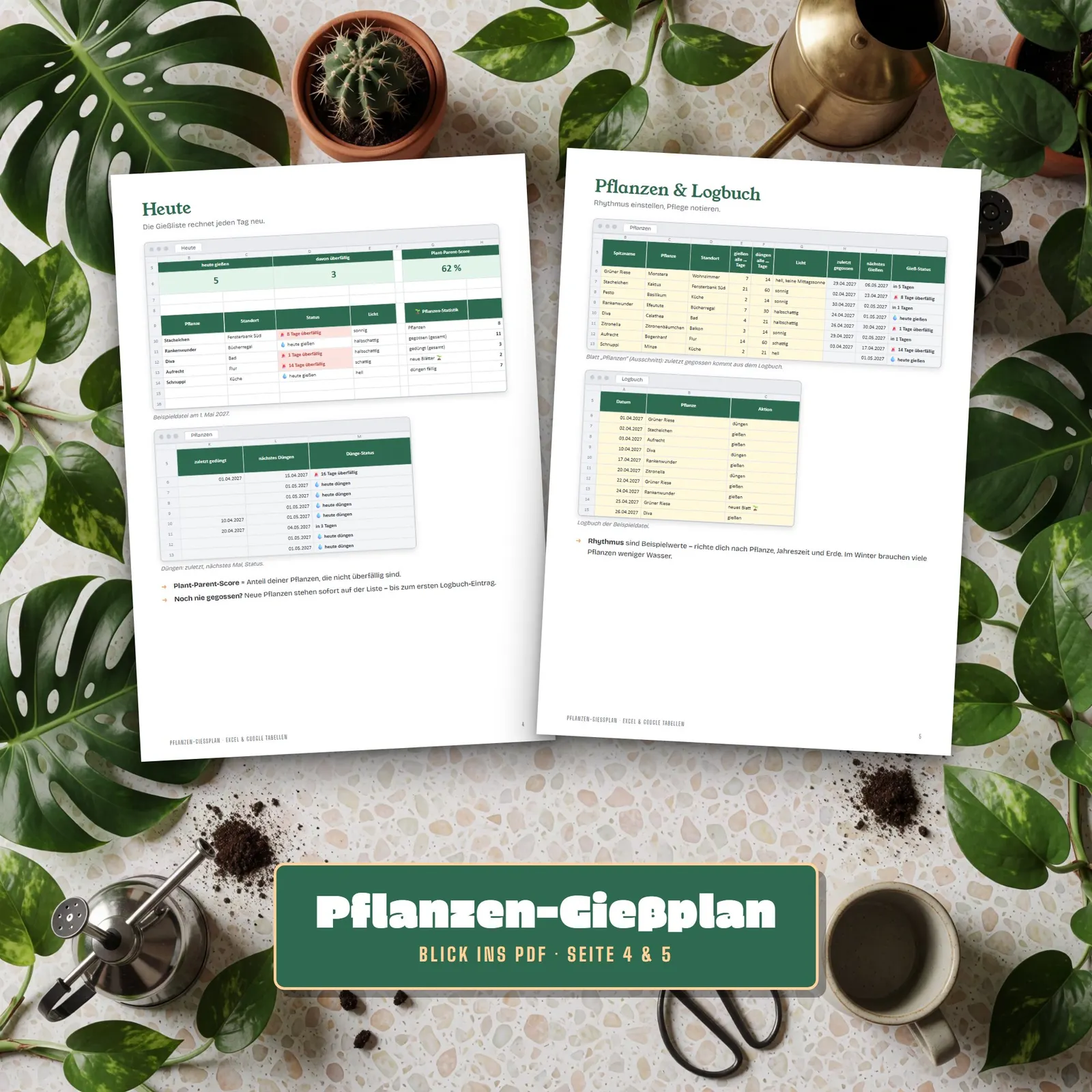 Gießplan für Zimmerpflanzen als Excel-Vorlage mit Düngeplan – Blick in die Tabelle 2