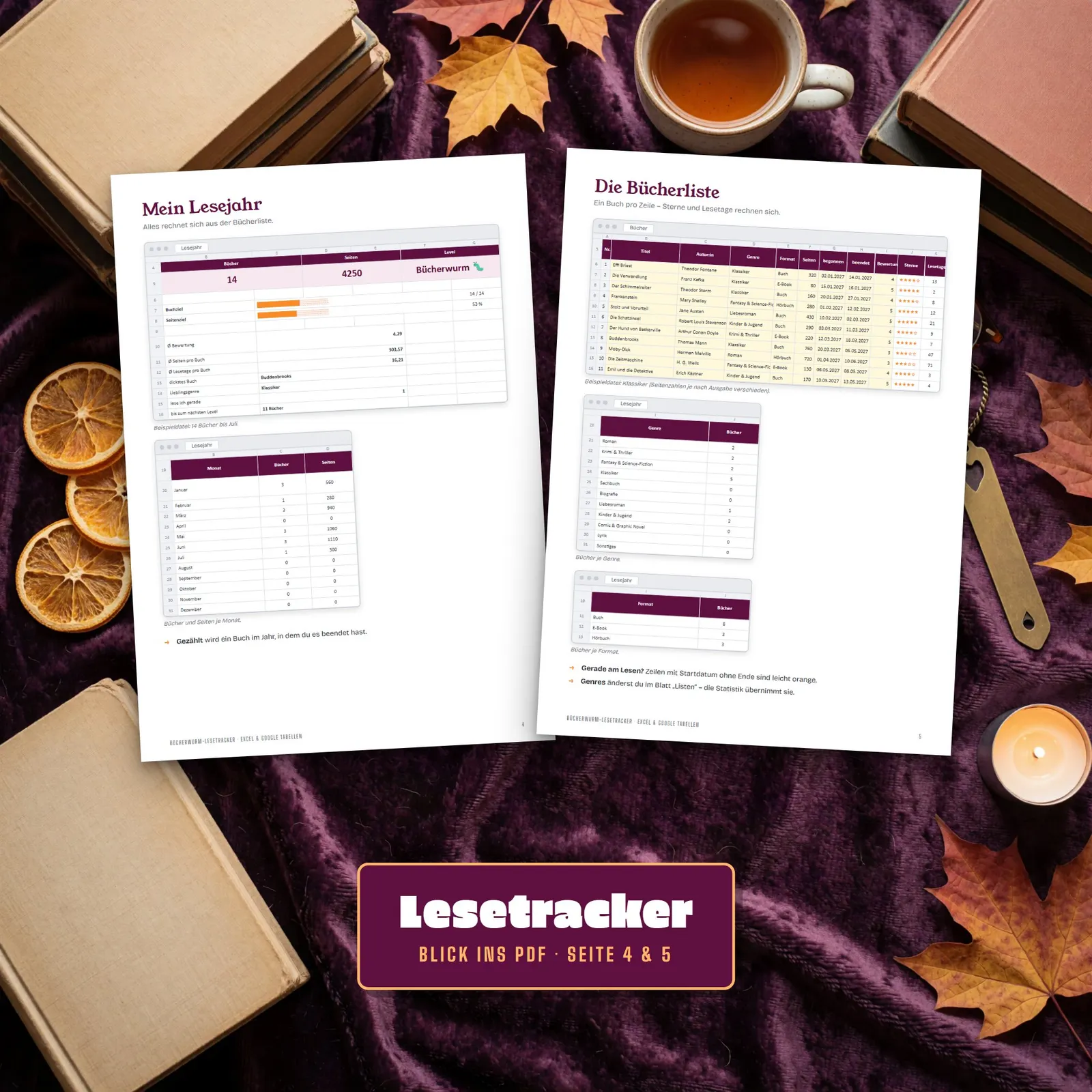 Lesetracker Excel-Vorlage „Bücherwurm“ mit Leseziel und Level – Blick in die Tabelle 2