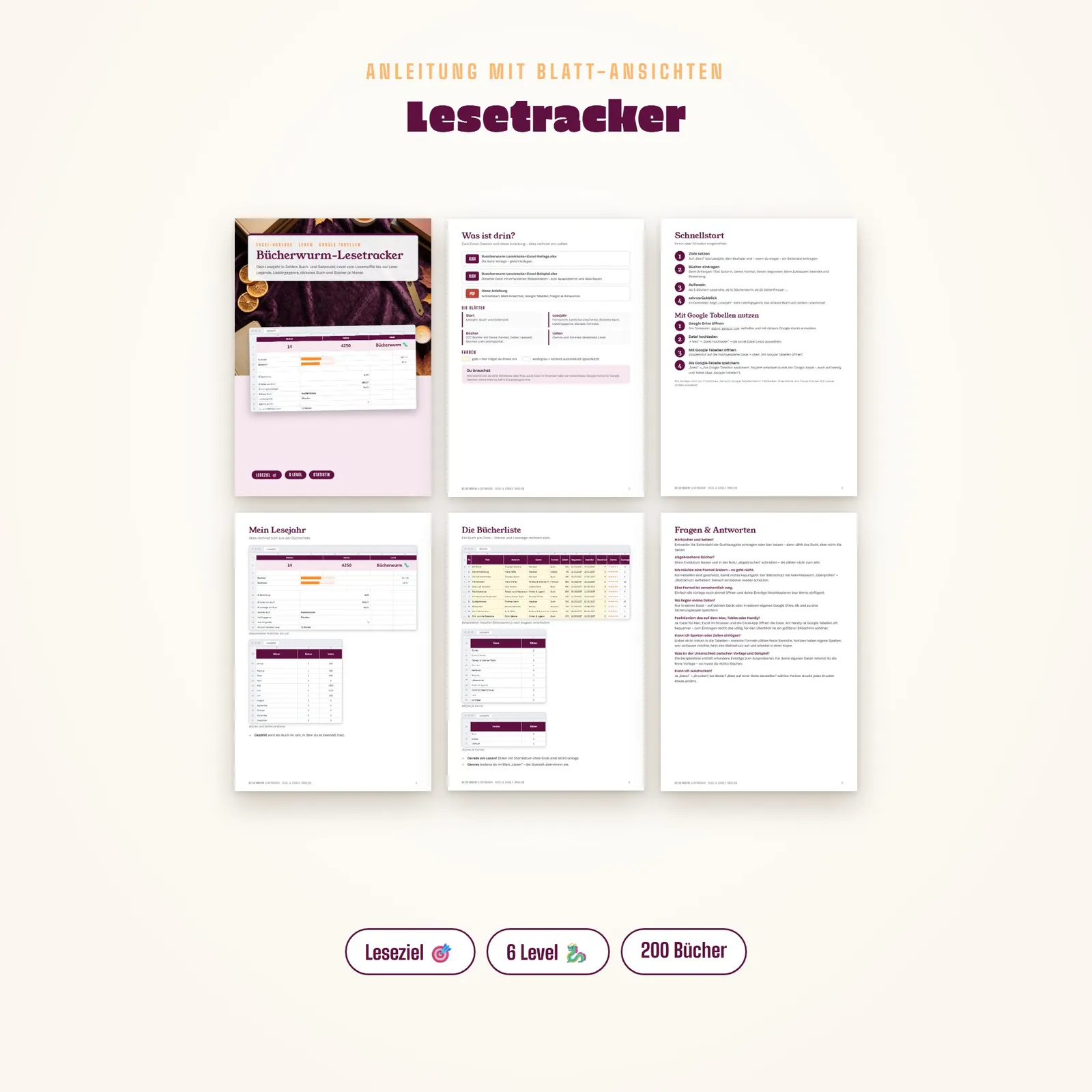 Lesetracker Excel-Vorlage „Bücherwurm“ mit Leseziel und Level – Blick in die Tabelle 1