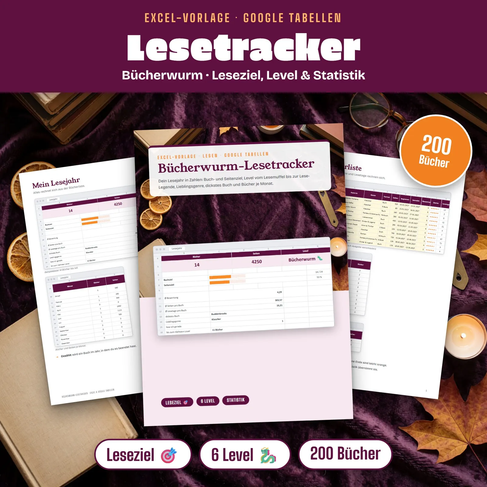 Lesetracker Excel-Vorlage „Bücherwurm“ mit Leseziel und Level – Titelbild