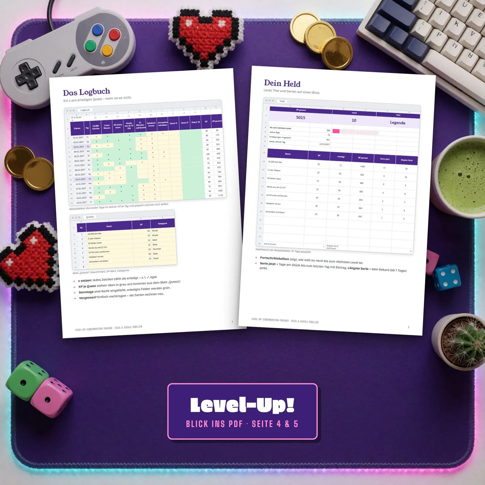 Habit Tracker Excel als Rollenspiel – Level-Up! mit XP und Abzeichen – Blick in die Tabelle 2