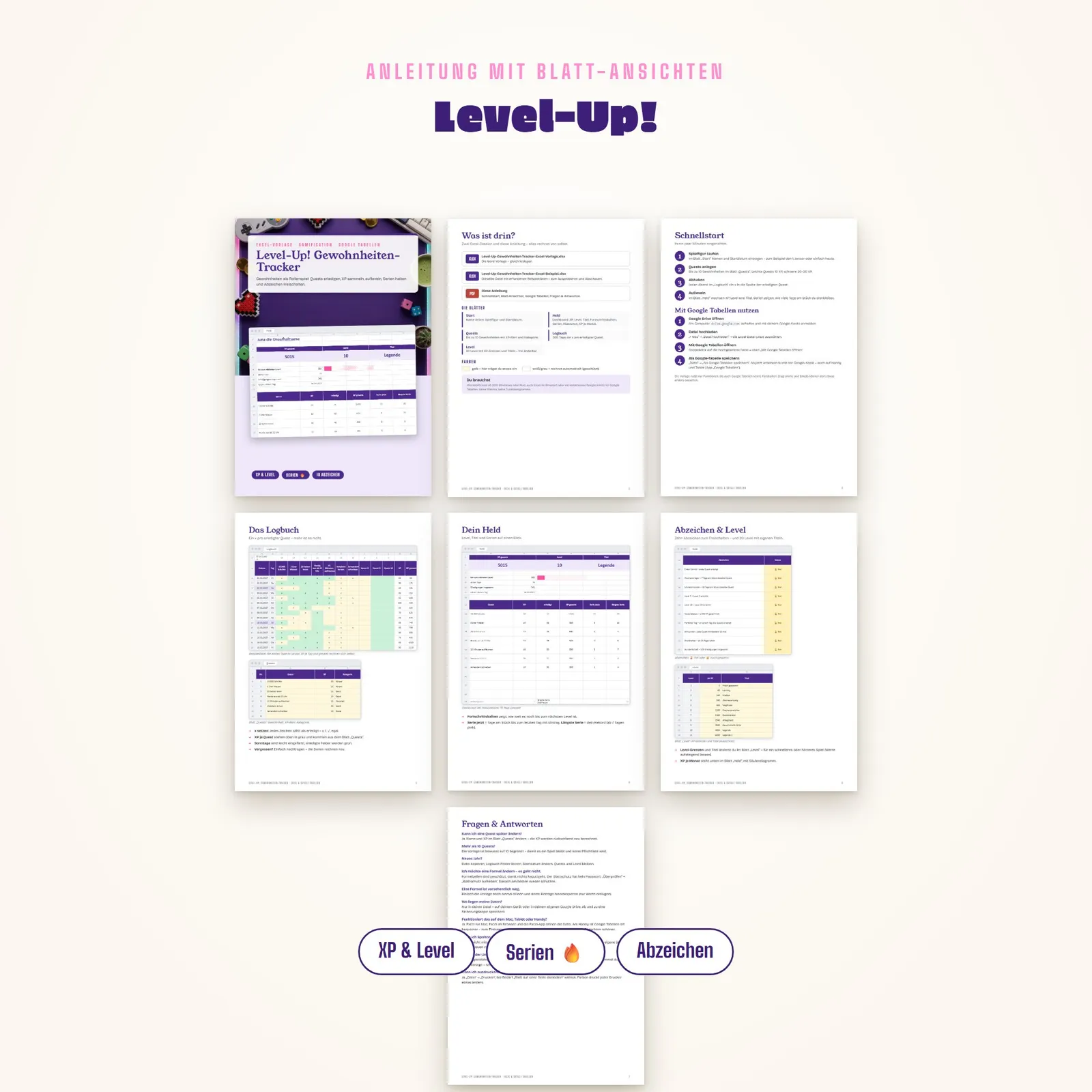 Habit Tracker Excel als Rollenspiel – Level-Up! mit XP und Abzeichen – Blick in die Tabelle 1