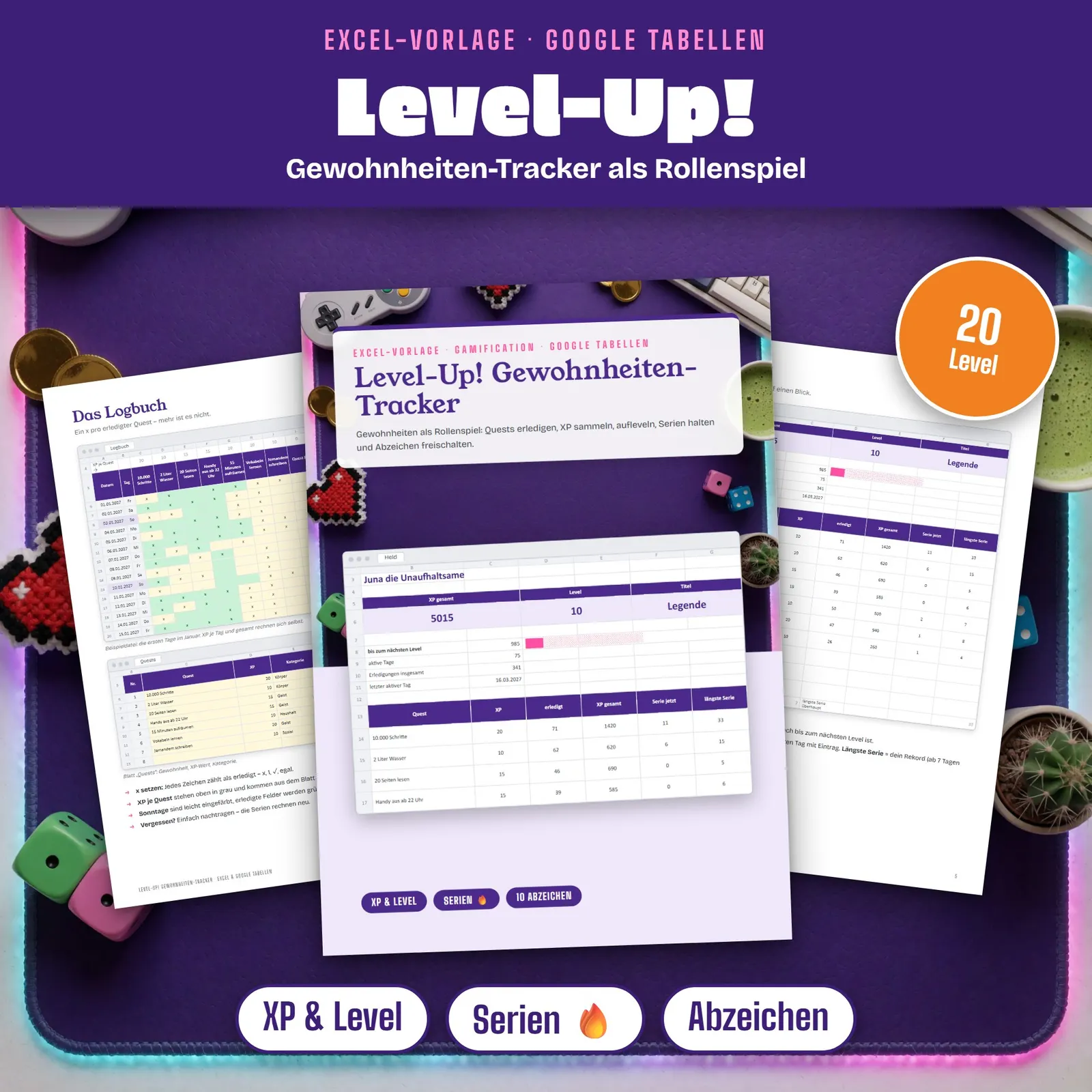 Habit Tracker Excel als Rollenspiel – Level-Up! mit XP und Abzeichen – Titelbild