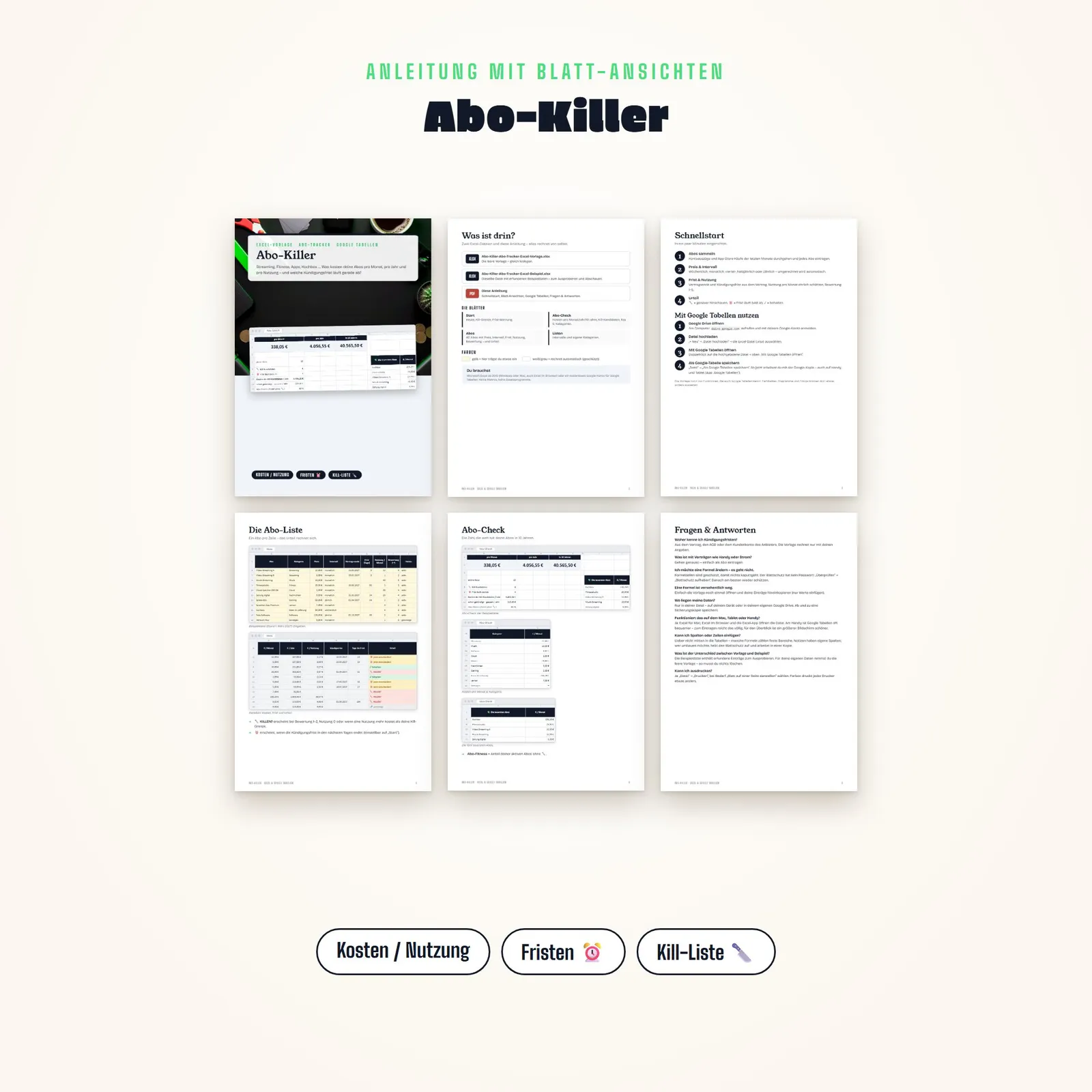 Abo-Tracker Excel-Vorlage „Abo-Killer“ mit Kündigungsfristen – Blick in die Tabelle 1