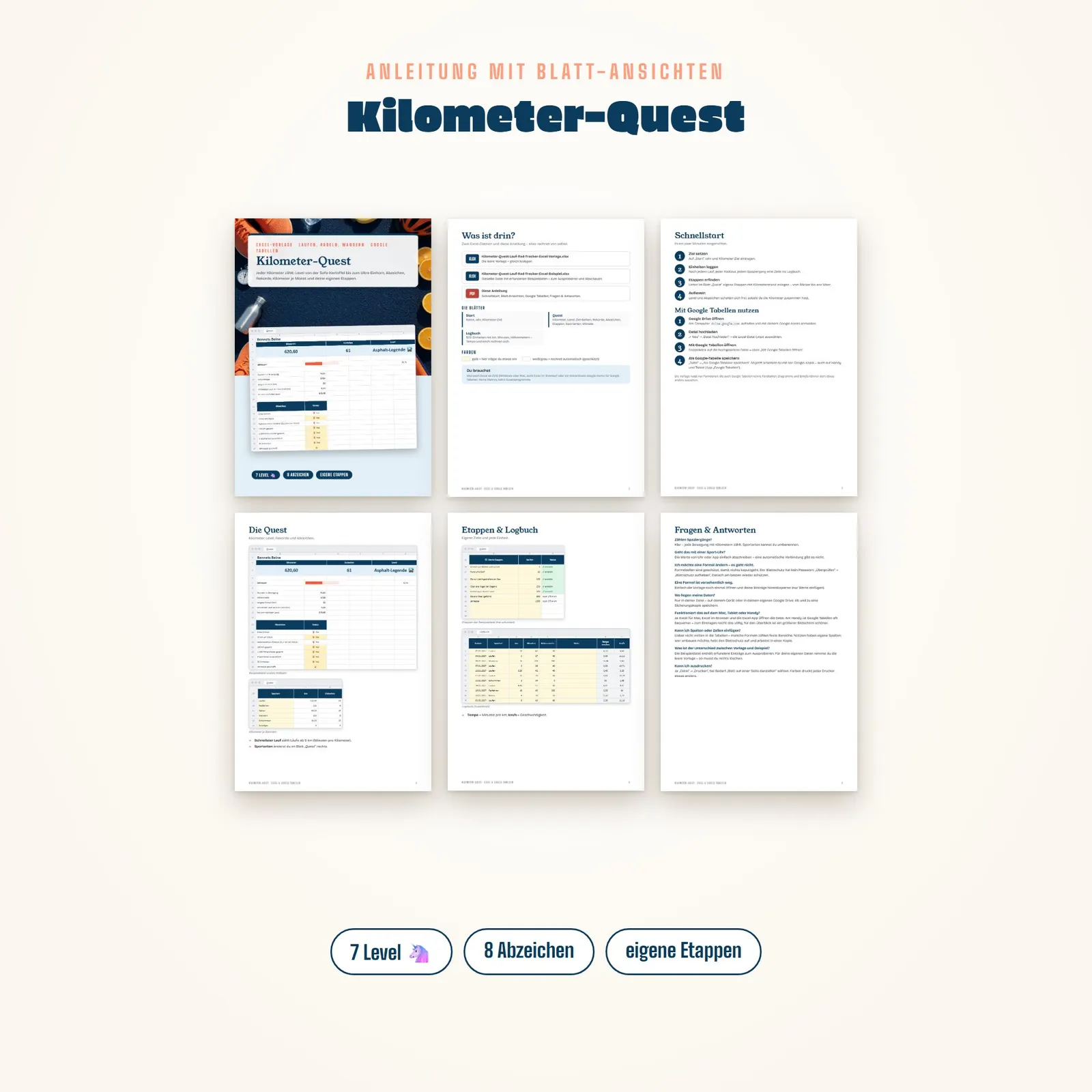 Lauf-Tracker Excel-Vorlage „Kilometer-Quest“ für Lauf, Rad und Wandern – Blick in die Tabelle 1