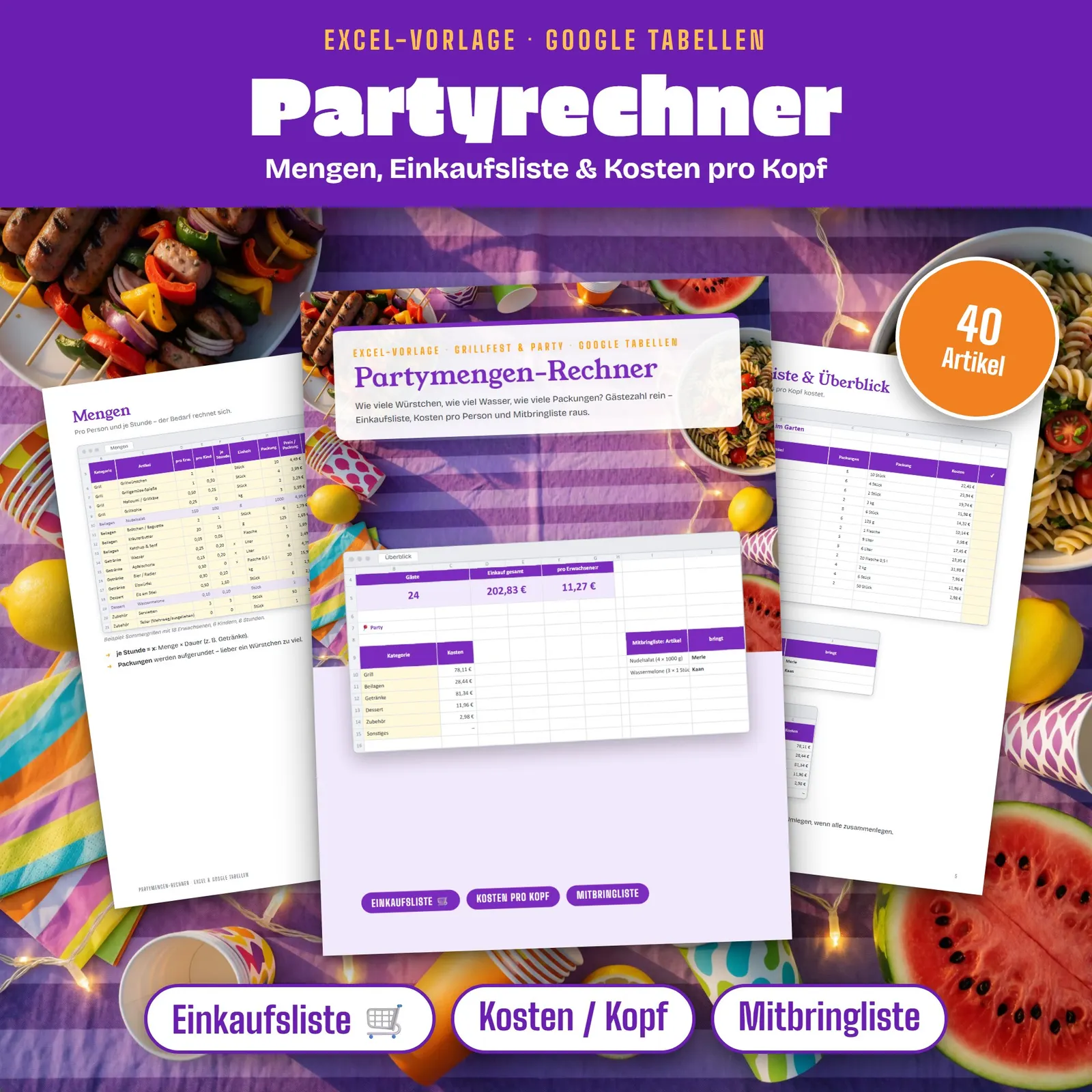 Partymengen-Rechner Excel-Vorlage fürs Grillfest mit Einkaufsliste – Titelbild