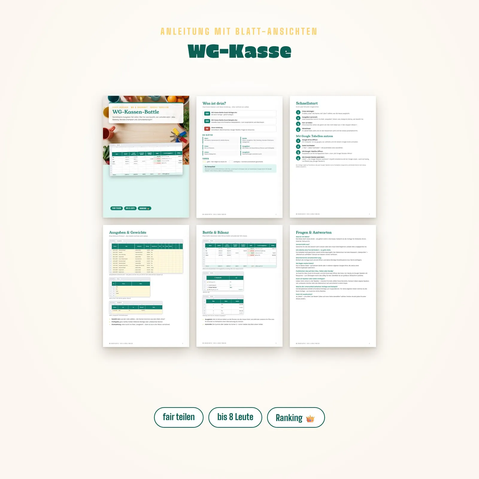WG-Kasse Excel-Vorlage – gemeinsame Ausgaben teilen mit Ranking – Blick in die Tabelle 1