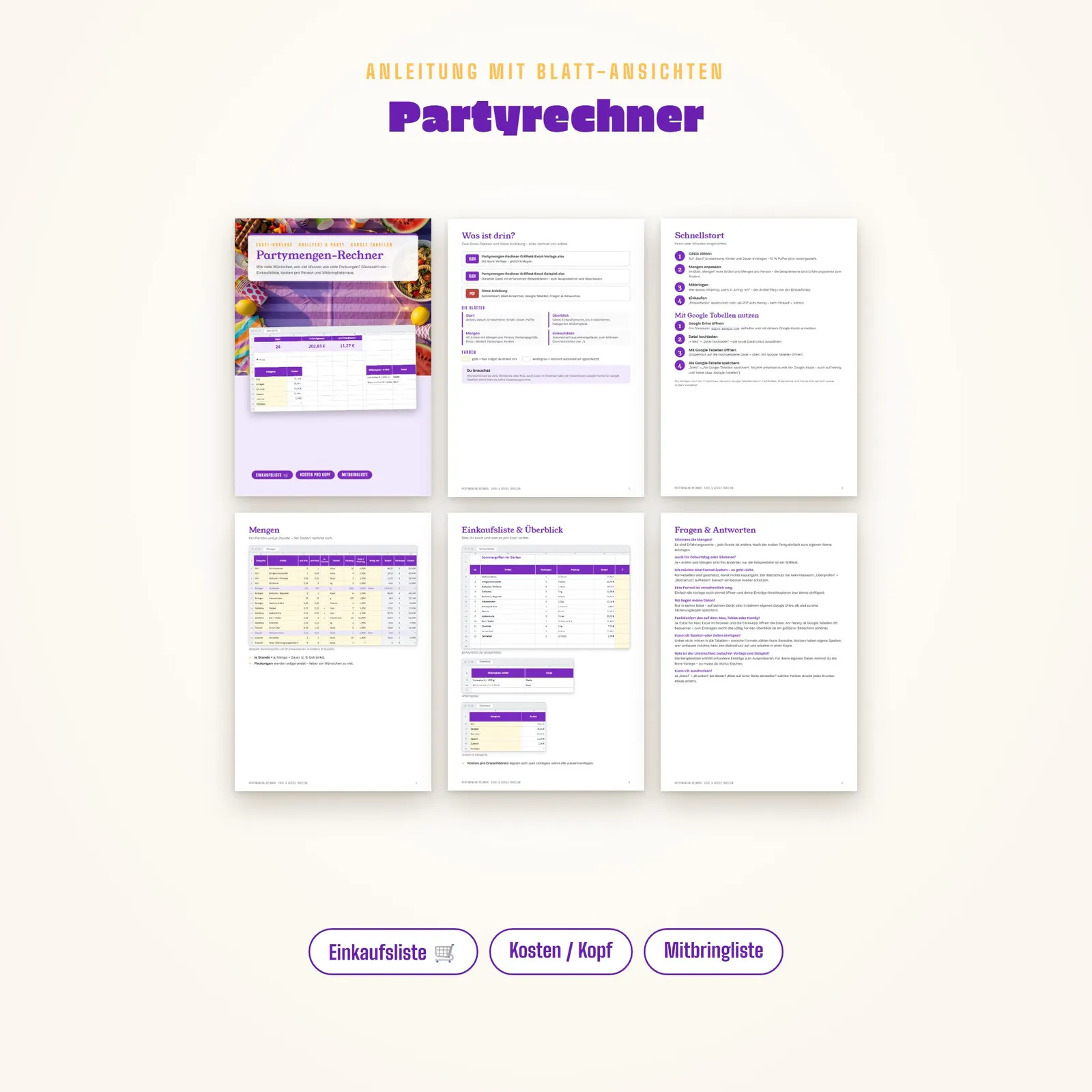 Partymengen-Rechner Excel-Vorlage fürs Grillfest mit Einkaufsliste – Blick in die Tabelle 1