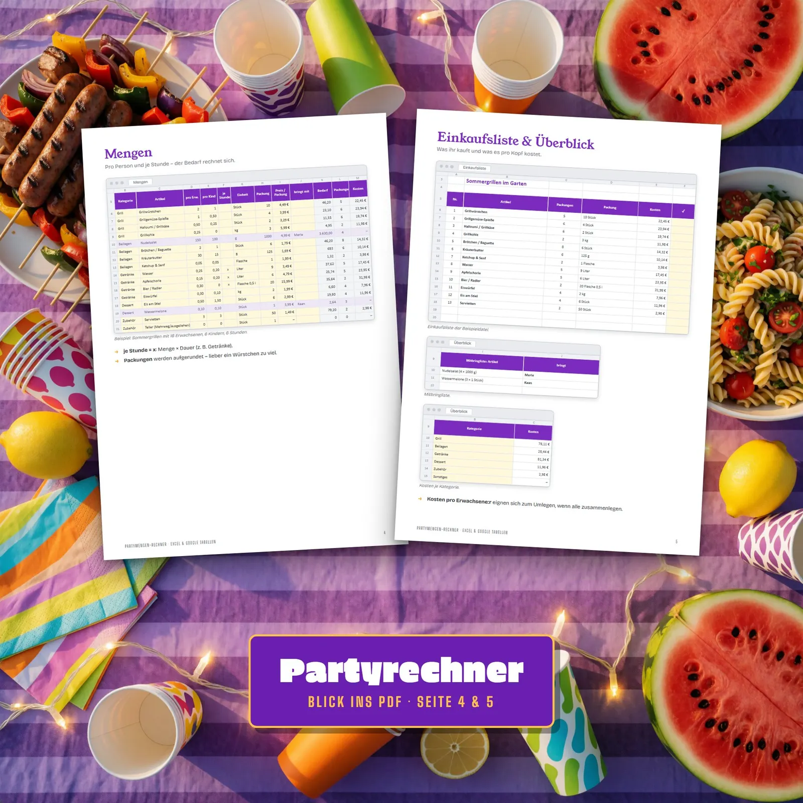 Partymengen-Rechner Excel-Vorlage fürs Grillfest mit Einkaufsliste – Blick in die Tabelle 2