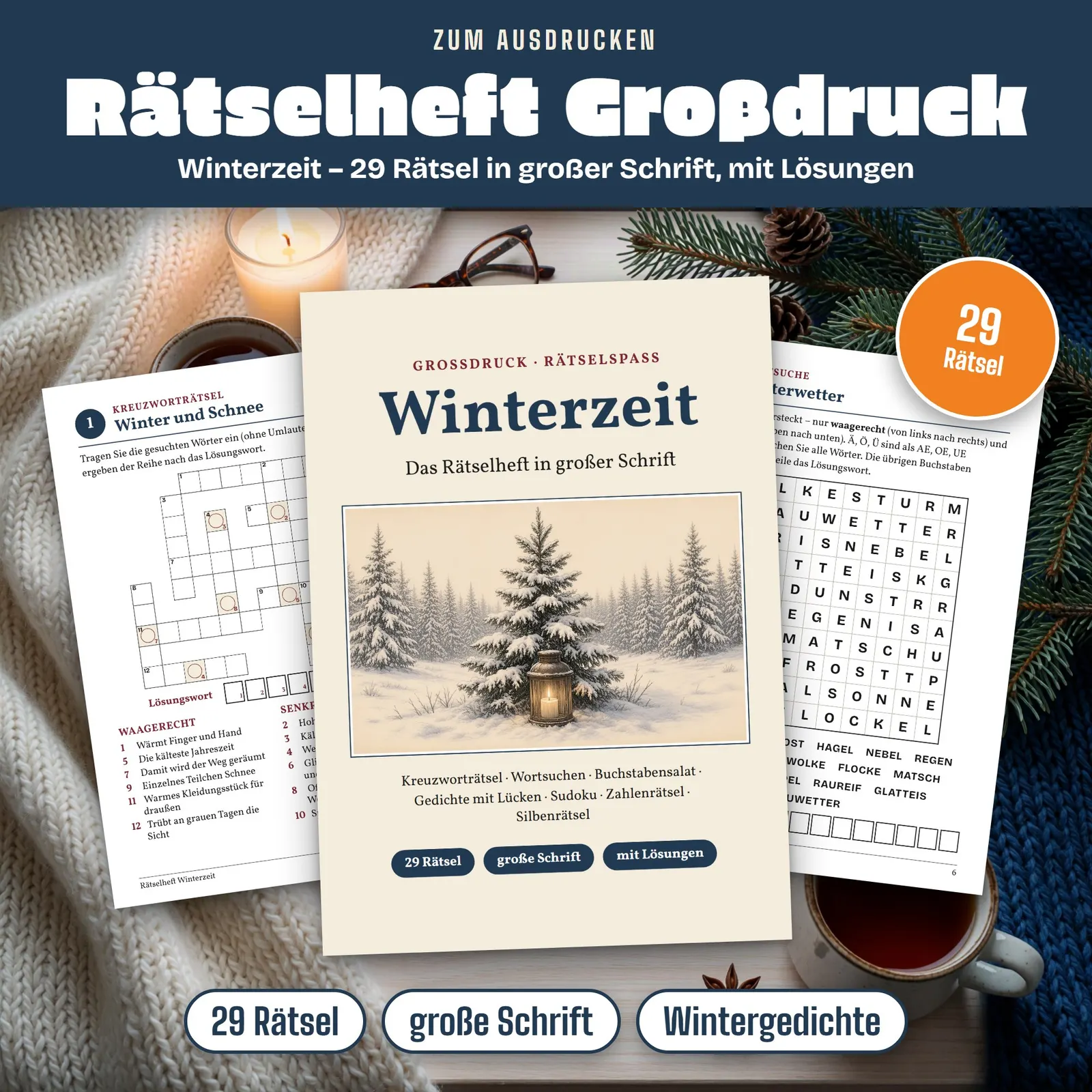 Rätselheft für Senioren in Großdruck – Winterzeit mit 29 Rätseln – Titelbild