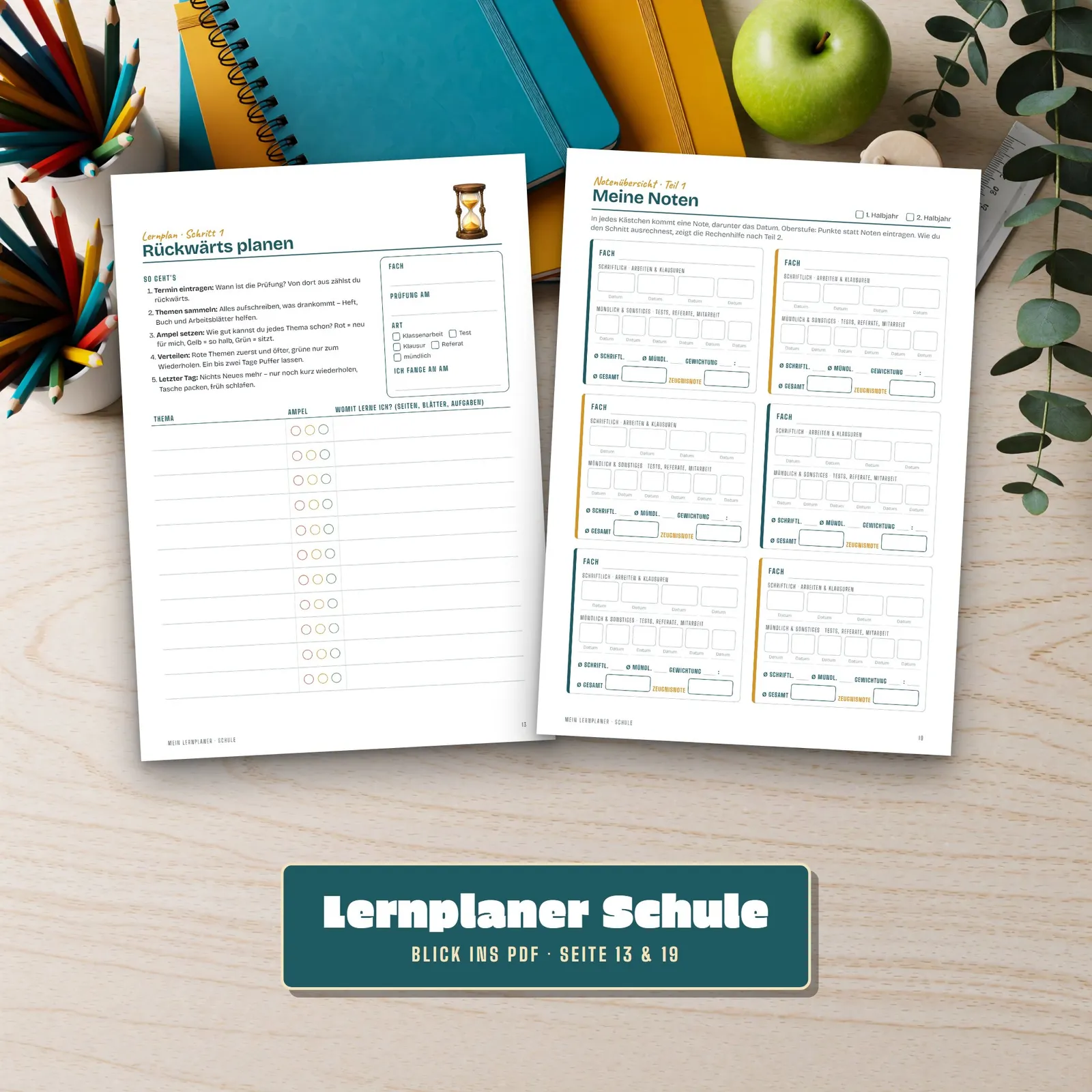 Lernplaner Schule zum Ausdrucken mit Stundenplan und Notenübersicht – Einblick 3