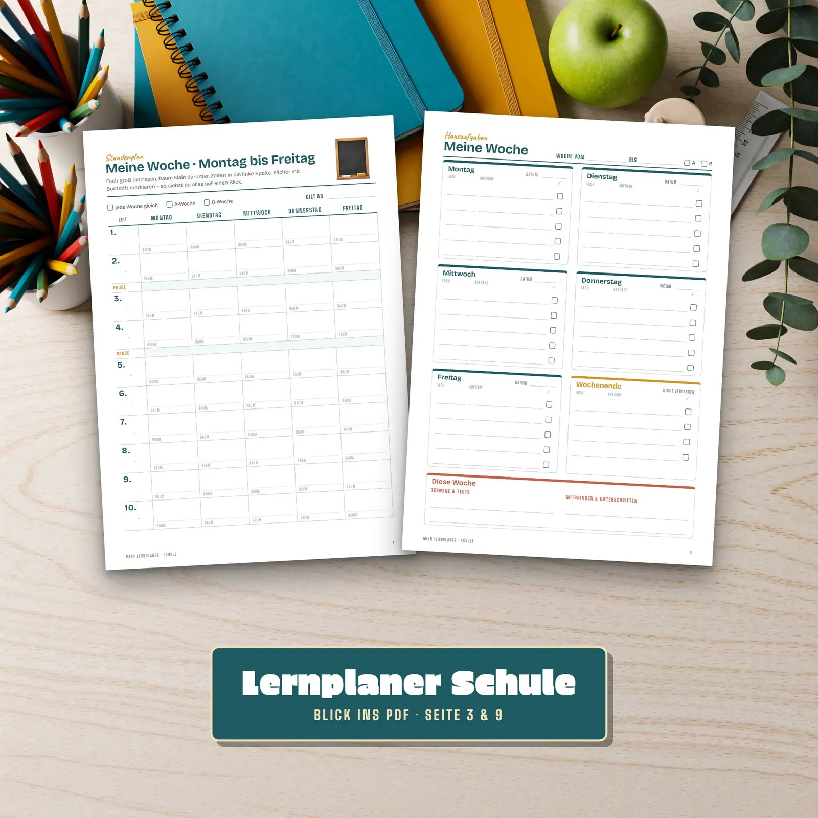 Lernplaner Schule zum Ausdrucken mit Stundenplan und Notenübersicht – Einblick 2