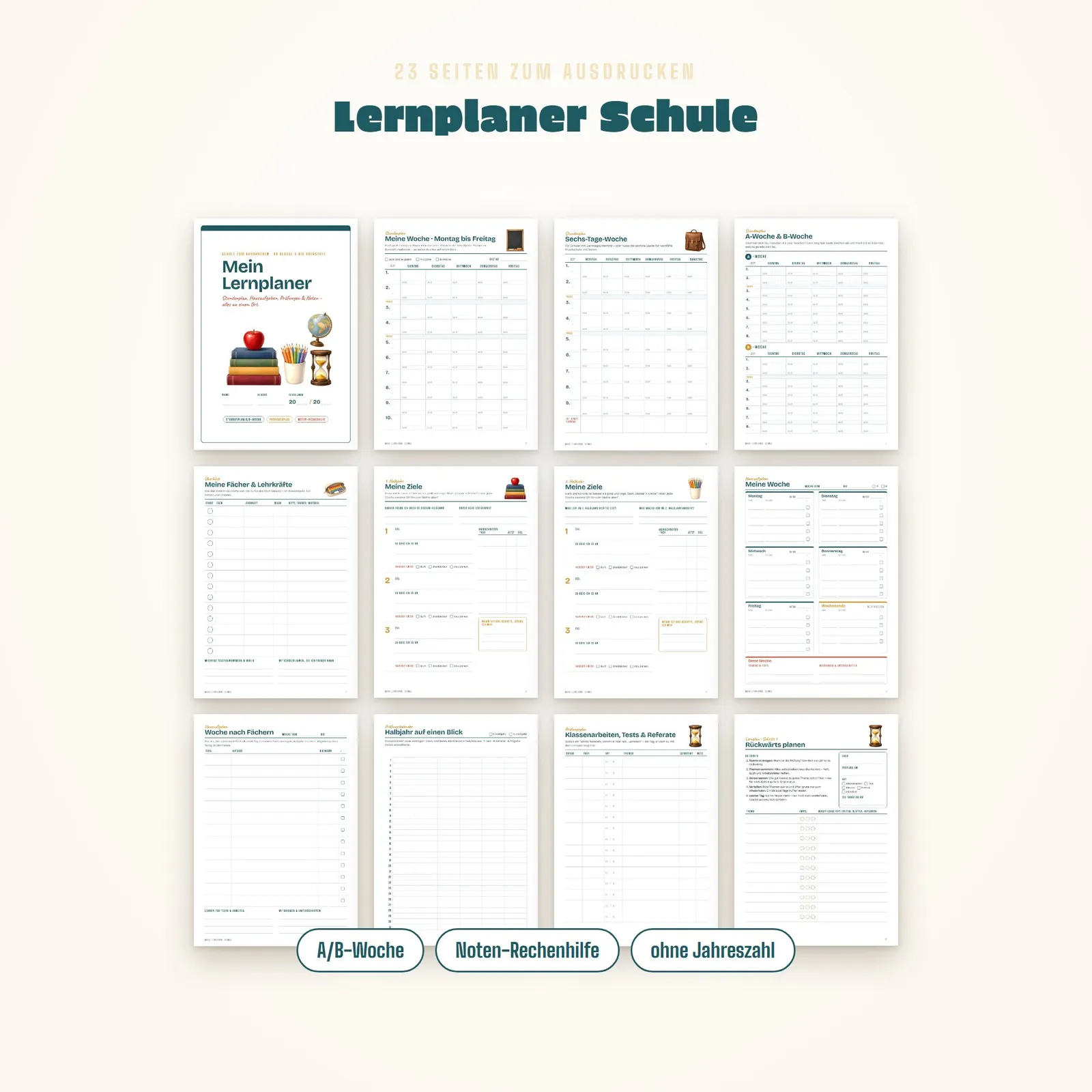 Lernplaner Schule zum Ausdrucken mit Stundenplan und Notenübersicht – Einblick 1