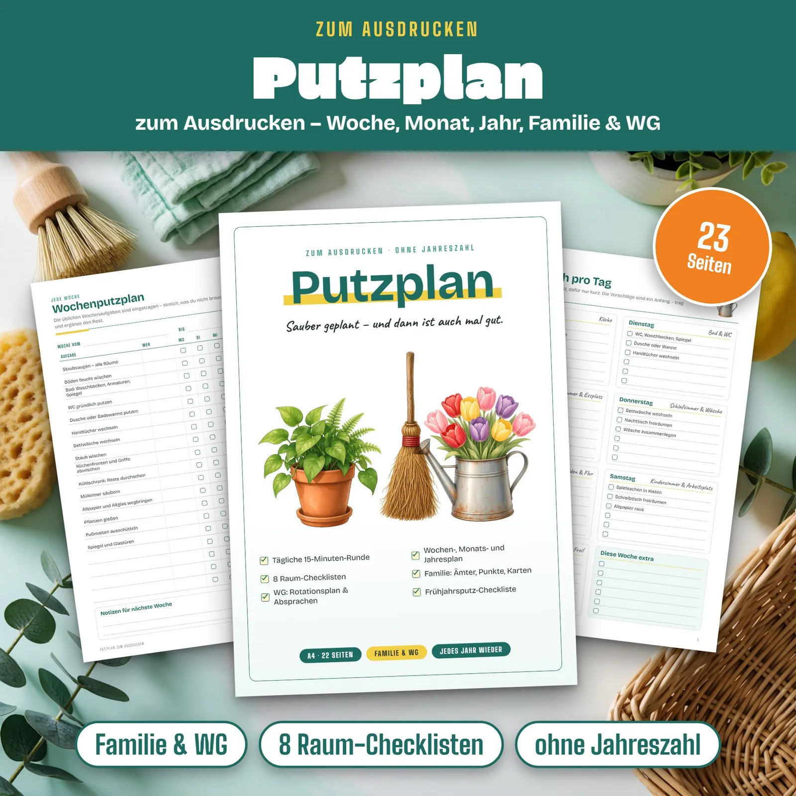 Putzplan zum Ausdrucken für Familie, WG und Single-Haushalt Putzplan zum Ausdrucken für Familie, WG und Single-Haushalt – Titelbild