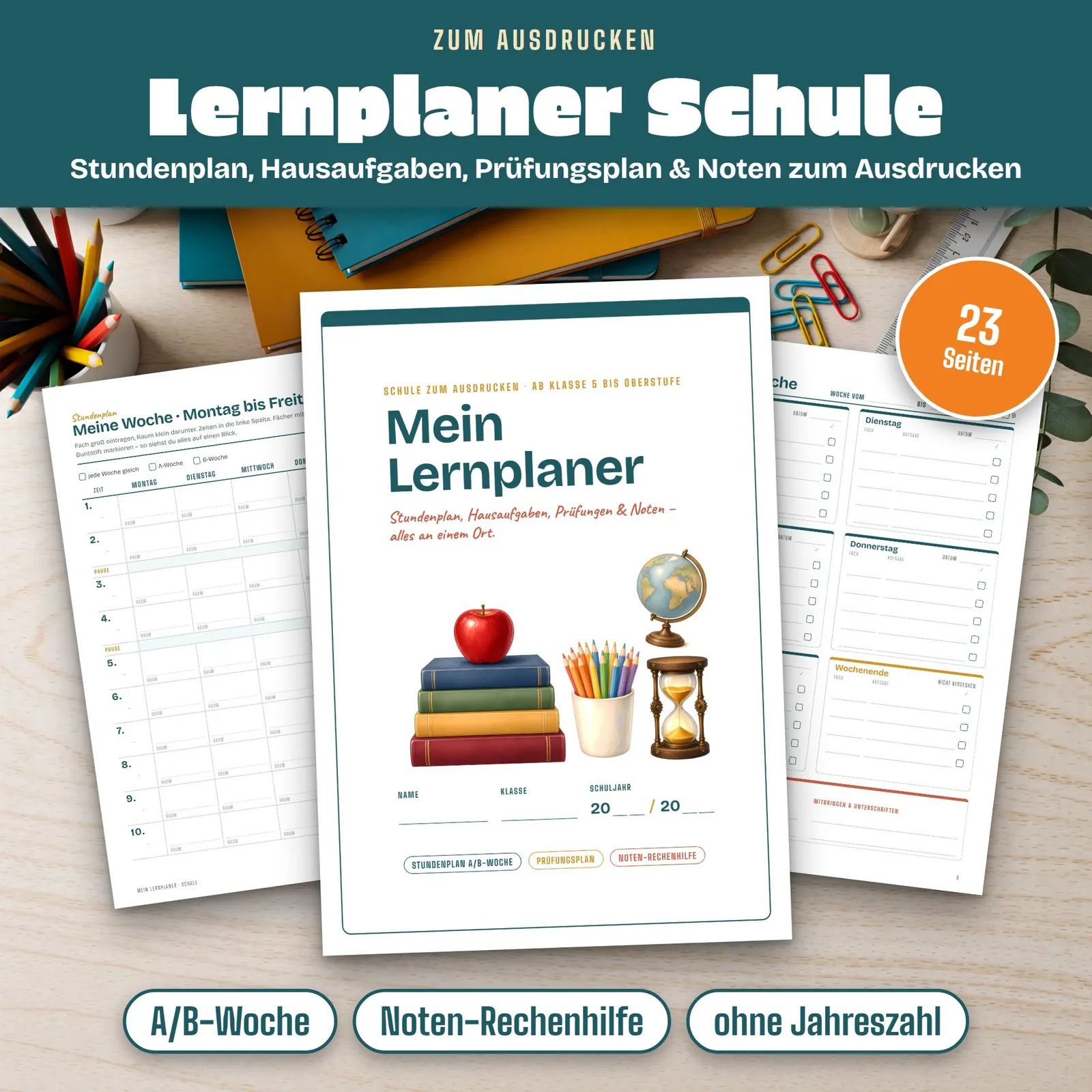 Lernplaner Schule zum Ausdrucken mit Stundenplan und Notenübersicht Lernplaner Schule zum Ausdrucken mit Stundenplan und Notenübersicht – Titelbild