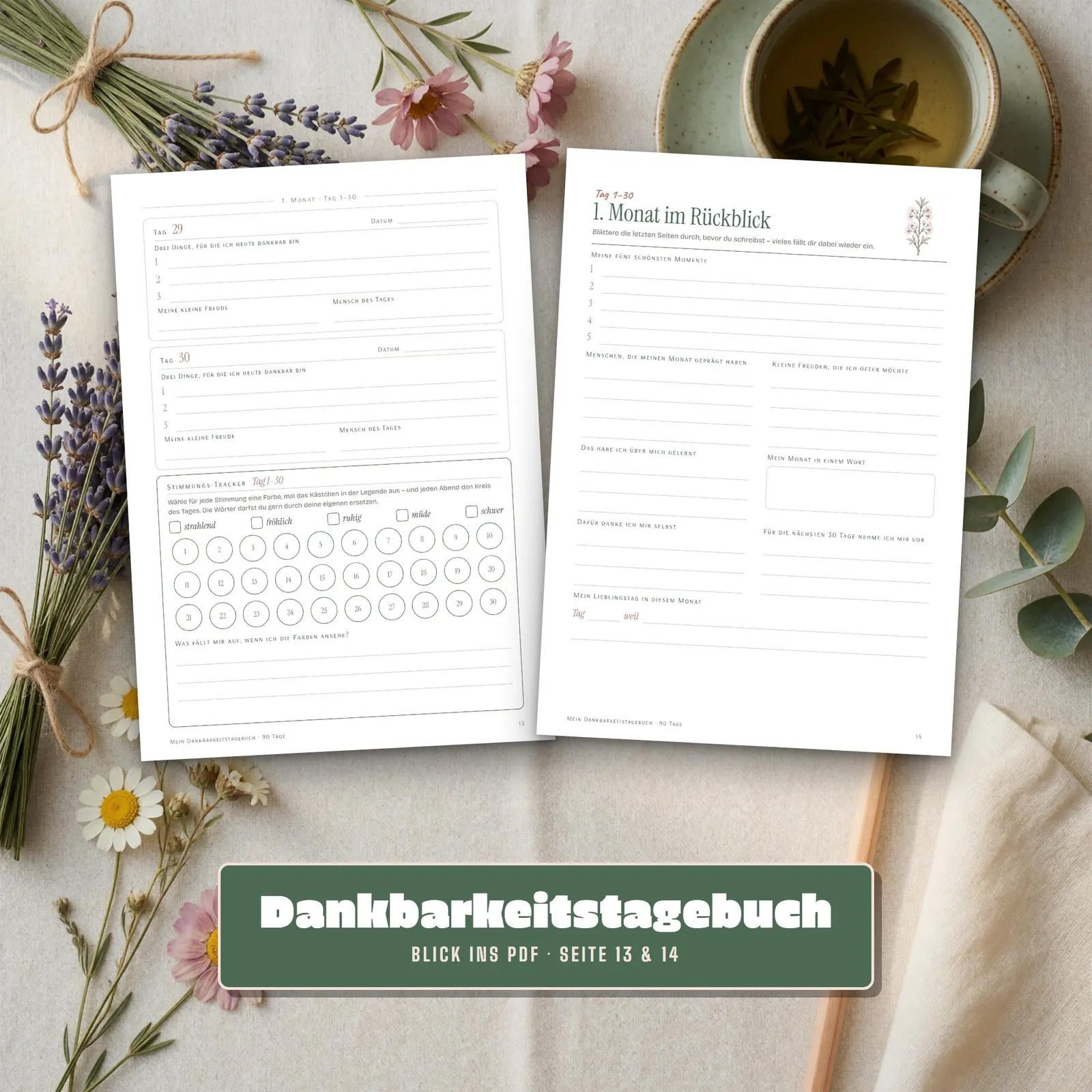 Dankbarkeitstagebuch zum Ausdrucken – 90 Tage mit Impulsfragen – Einblick 3