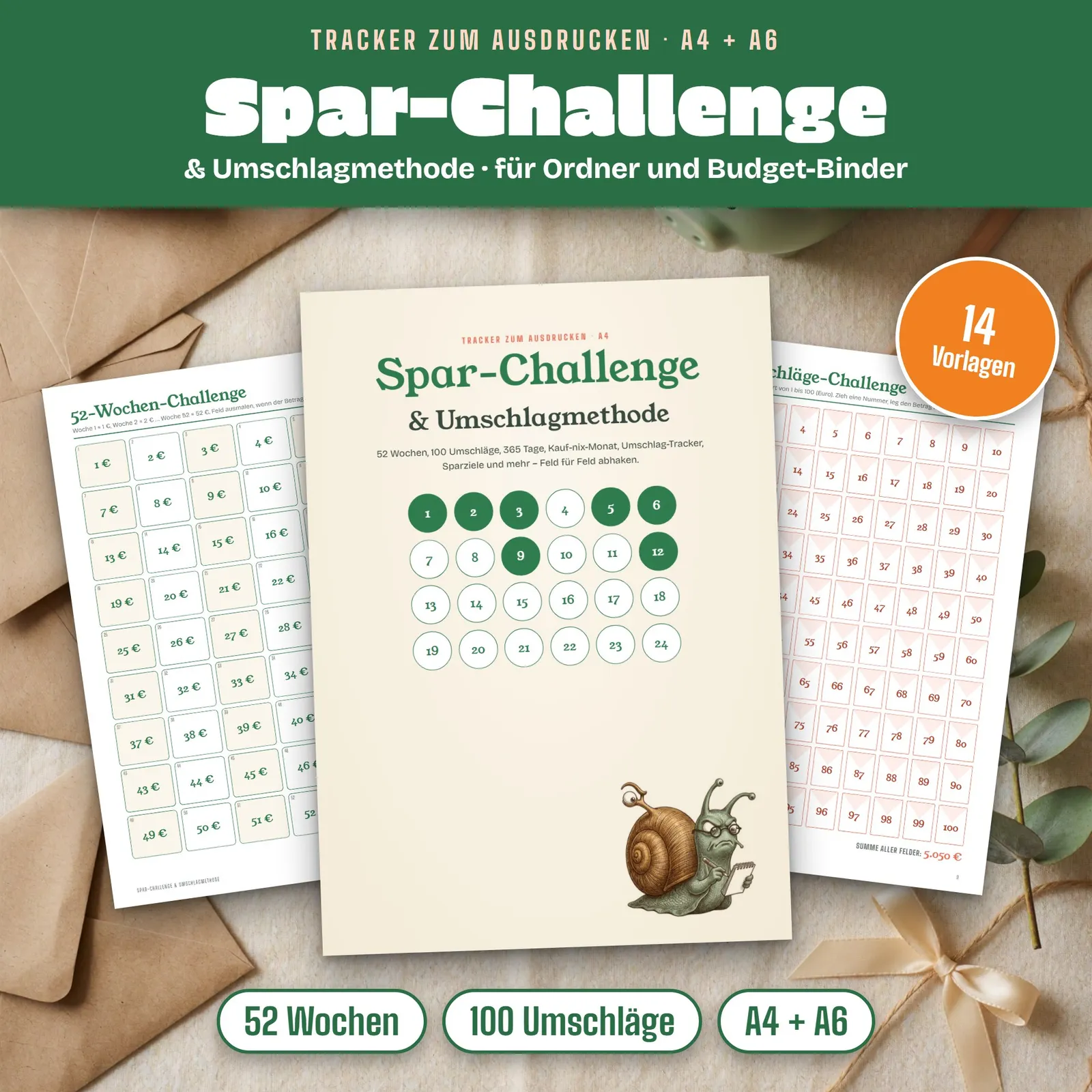 Spar-Challenge zum Ausdrucken mit Umschlagmethode-Tracker in A4 und A6 Spar-Challenge zum Ausdrucken mit Umschlagmethode-Tracker in A4 und A6 – Titelbild