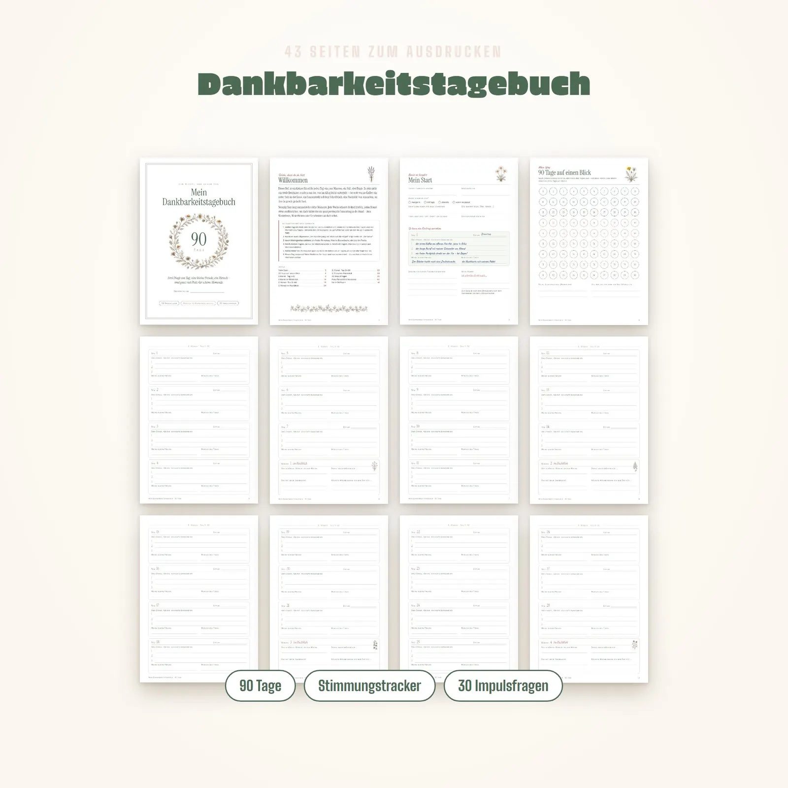 Dankbarkeitstagebuch zum Ausdrucken – 90 Tage mit Impulsfragen – Einblick 1
