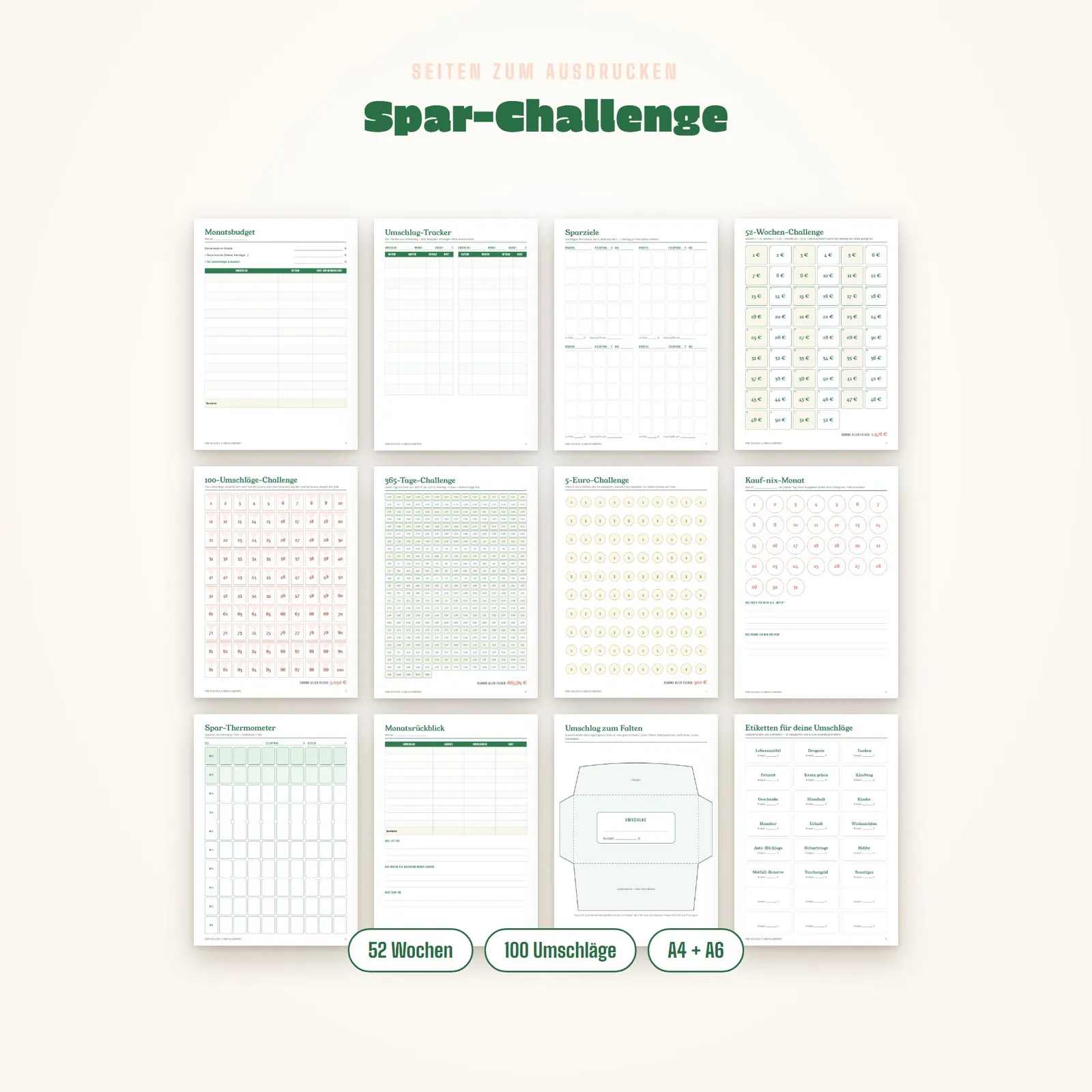 Spar-Challenge zum Ausdrucken mit Umschlagmethode-Tracker in A4 und A6 Spar-Challenge zum Ausdrucken mit Umschlagmethode-Tracker in A4 und A6 – Einblick 1