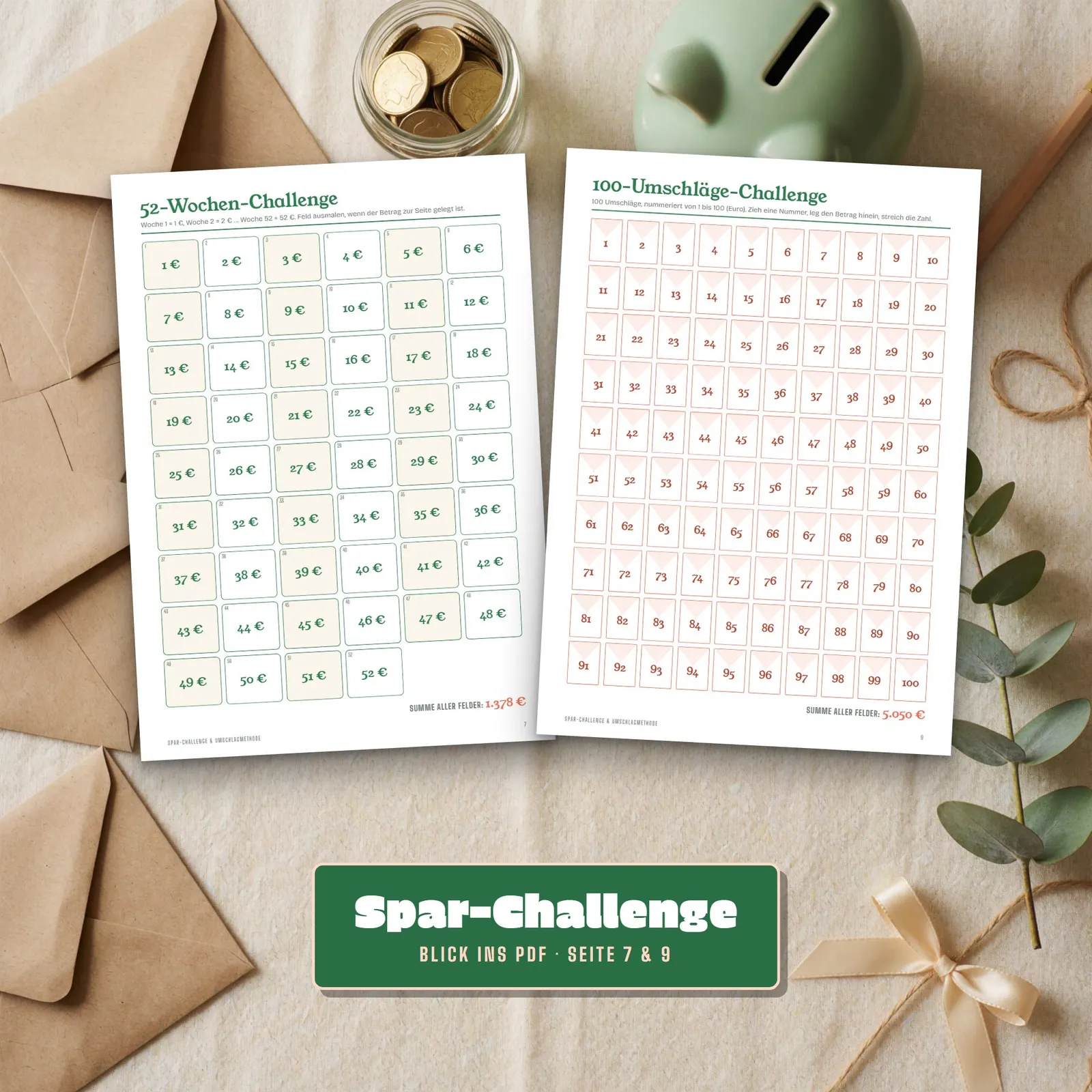 Spar-Challenge zum Ausdrucken mit Umschlagmethode-Tracker in A4 und A6 Spar-Challenge zum Ausdrucken mit Umschlagmethode-Tracker in A4 und A6 – Einblick 2
