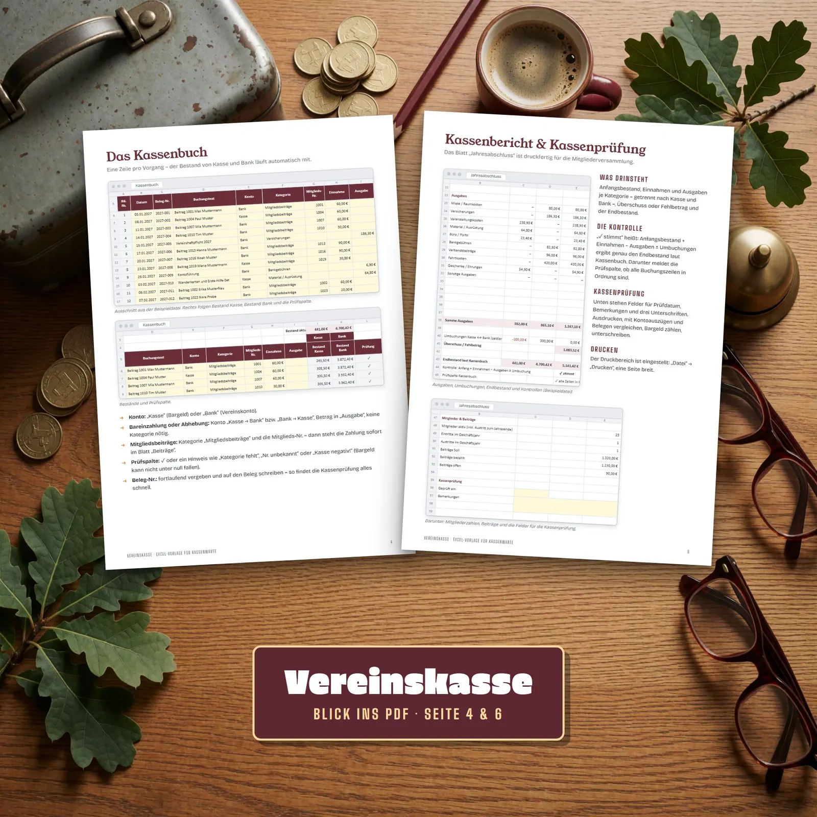 Vereinskasse Excel-Vorlage – Kassenbuch, Beiträge und Kassenbericht – Blick in die Tabelle 2