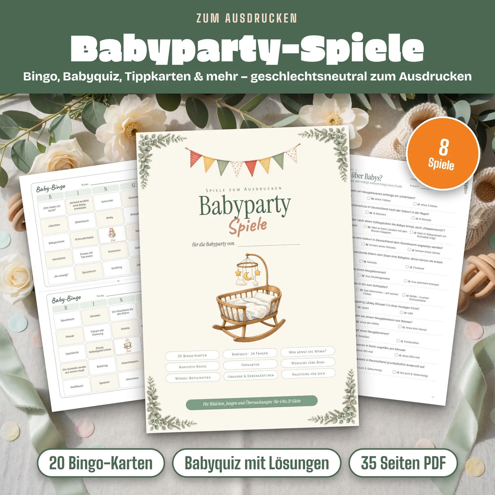 Babyparty-Spiele zum Ausdrucken – Baby-Bingo, Babyquiz & Tippkarten – Titelbild