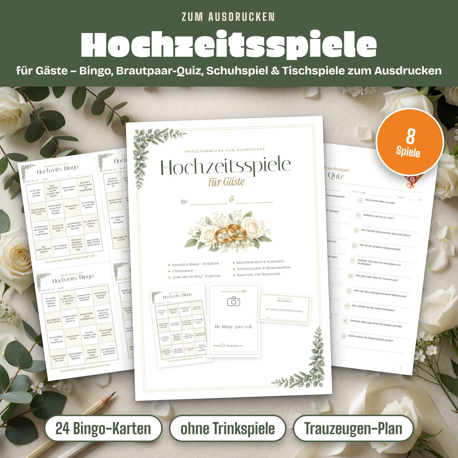 Hochzeitsspiele für Gäste zum Ausdrucken – Bingo, Quiz & Schuhspiel – Titelbild