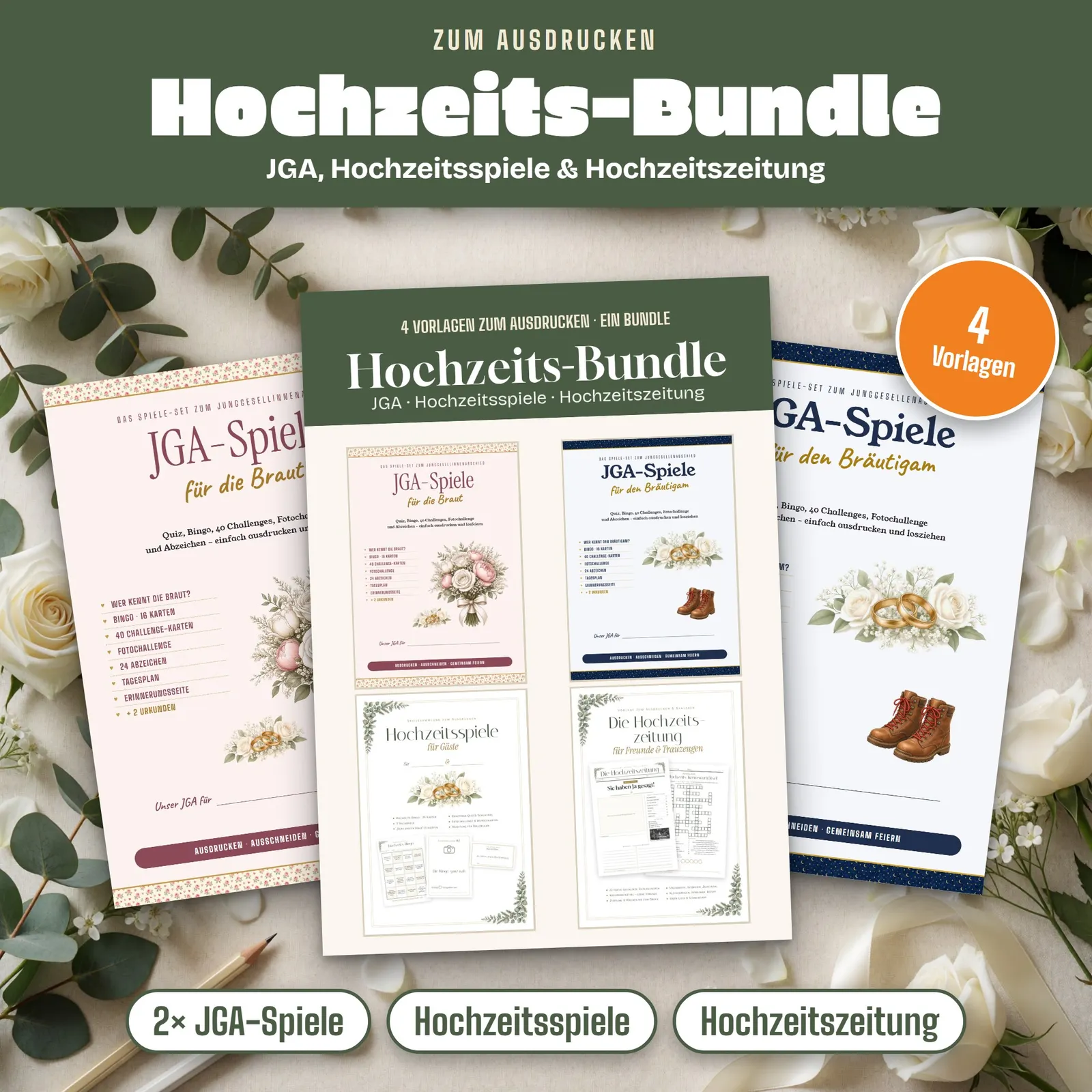 Hochzeits-Bundle – JGA-Spiele, Hochzeitsspiele und Hochzeitszeitung – Titelbild