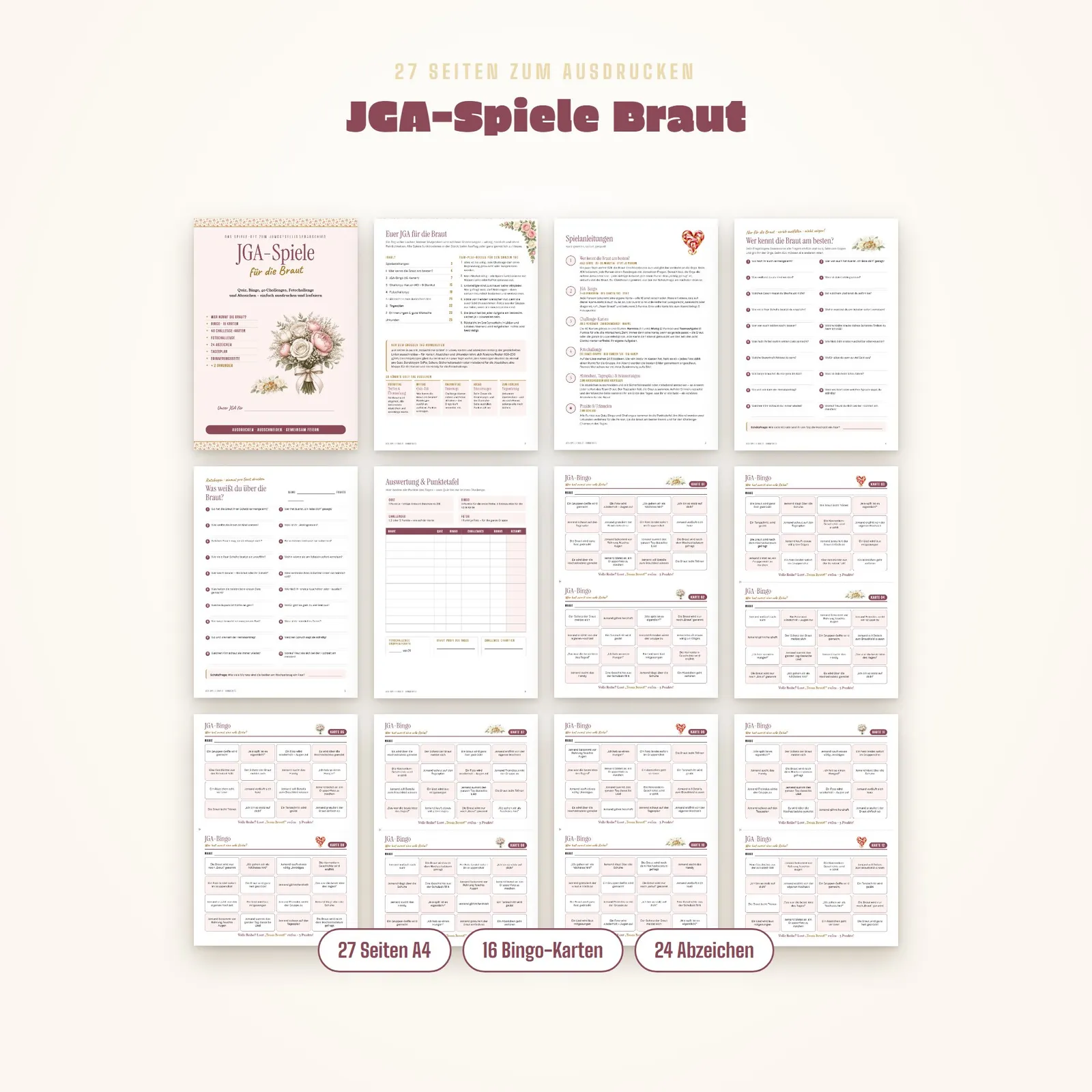 Junggesellinnenabschied-Spiele zum Ausdrucken – JGA-Set für die Braut Junggesellinnenabschied-Spiele zum Ausdrucken – JGA-Set für die Braut – Einblick 1