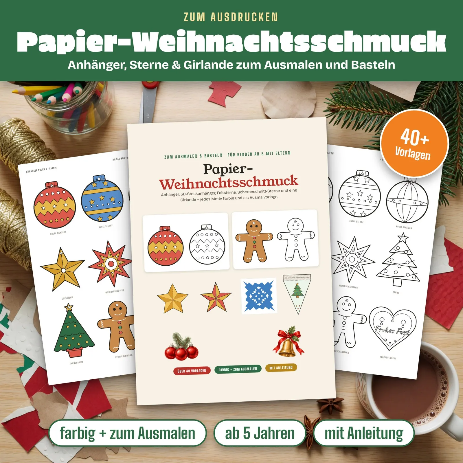 Weihnachtsschmuck aus Papier basteln – Vorlagen zum Ausmalen Weihnachtsschmuck aus Papier basteln – Vorlagen zum Ausmalen – Titelbild