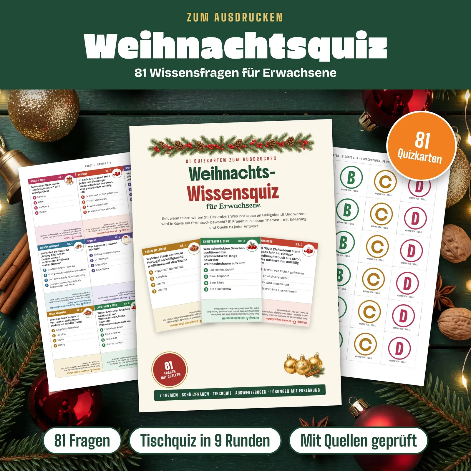 Weihnachtsquiz für Erwachsene – 81 Quizkarten mit Erklärungen Weihnachtsquiz für Erwachsene – 81 Quizkarten mit Erklärungen – Titelbild