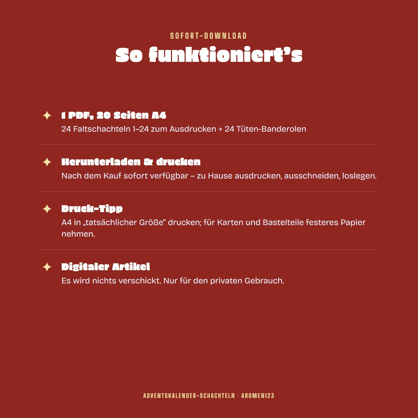 Adventskalender-Schachteln zum Ausdrucken – 24 Faltschachteln 1–24 – Einblick 4