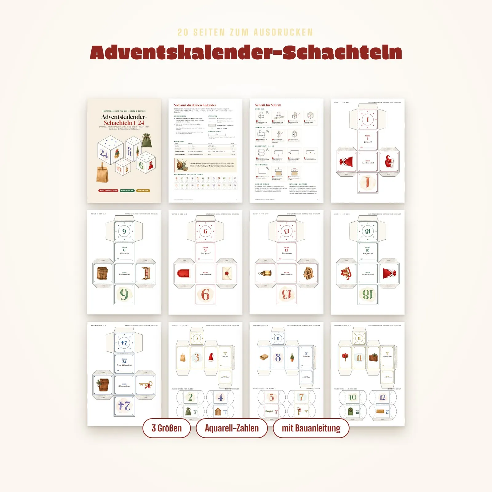 Adventskalender-Schachteln zum Ausdrucken – 24 Faltschachteln 1–24 – Einblick 1