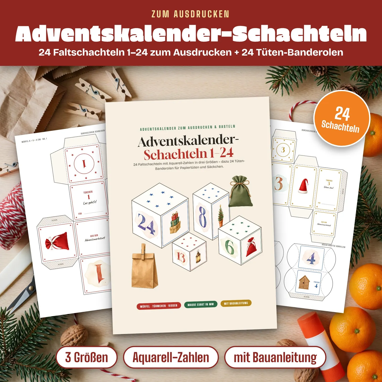 Adventskalender-Schachteln zum Ausdrucken – 24 Faltschachteln 1–24 – Titelbild