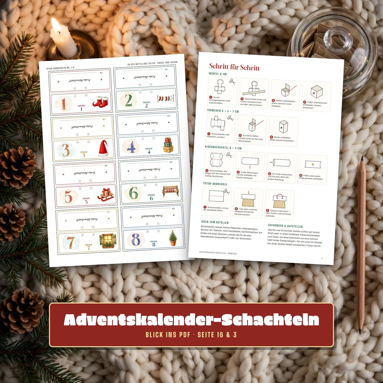 Adventskalender-Schachteln zum Ausdrucken – 24 Faltschachteln 1–24 – Einblick 3