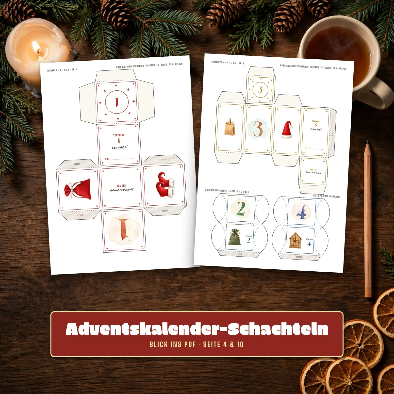 Adventskalender-Schachteln zum Ausdrucken – 24 Faltschachteln 1–24 – Einblick 2
