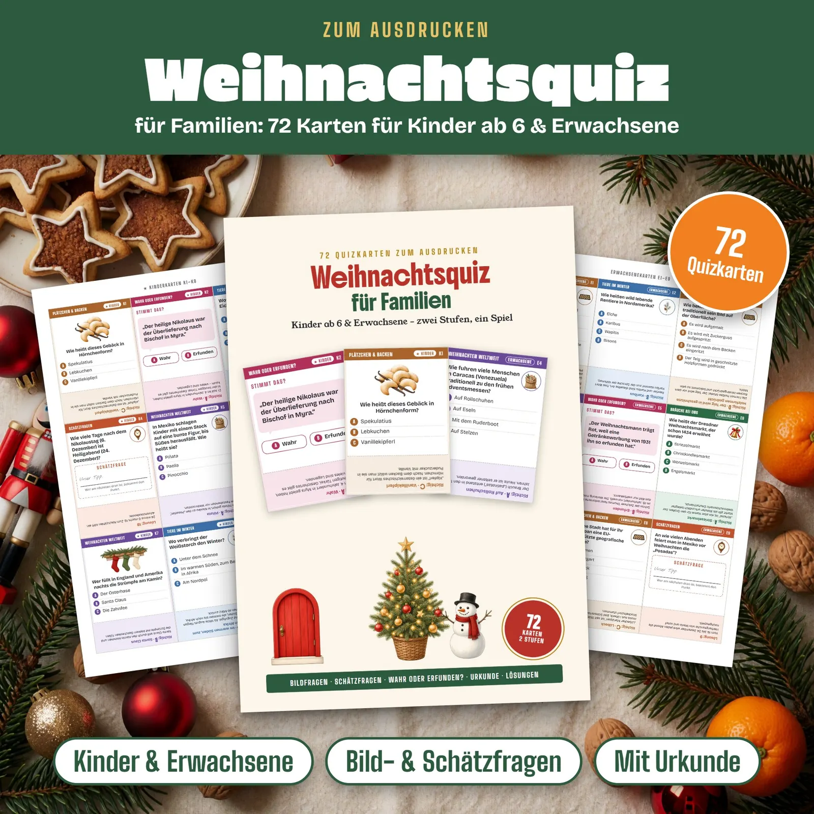 Weihnachtsquiz für Familien – 72 Quizkarten für Kinder und Erwachsene Weihnachtsquiz für Familien – 72 Quizkarten für Kinder und Erwachsene – Titelbild