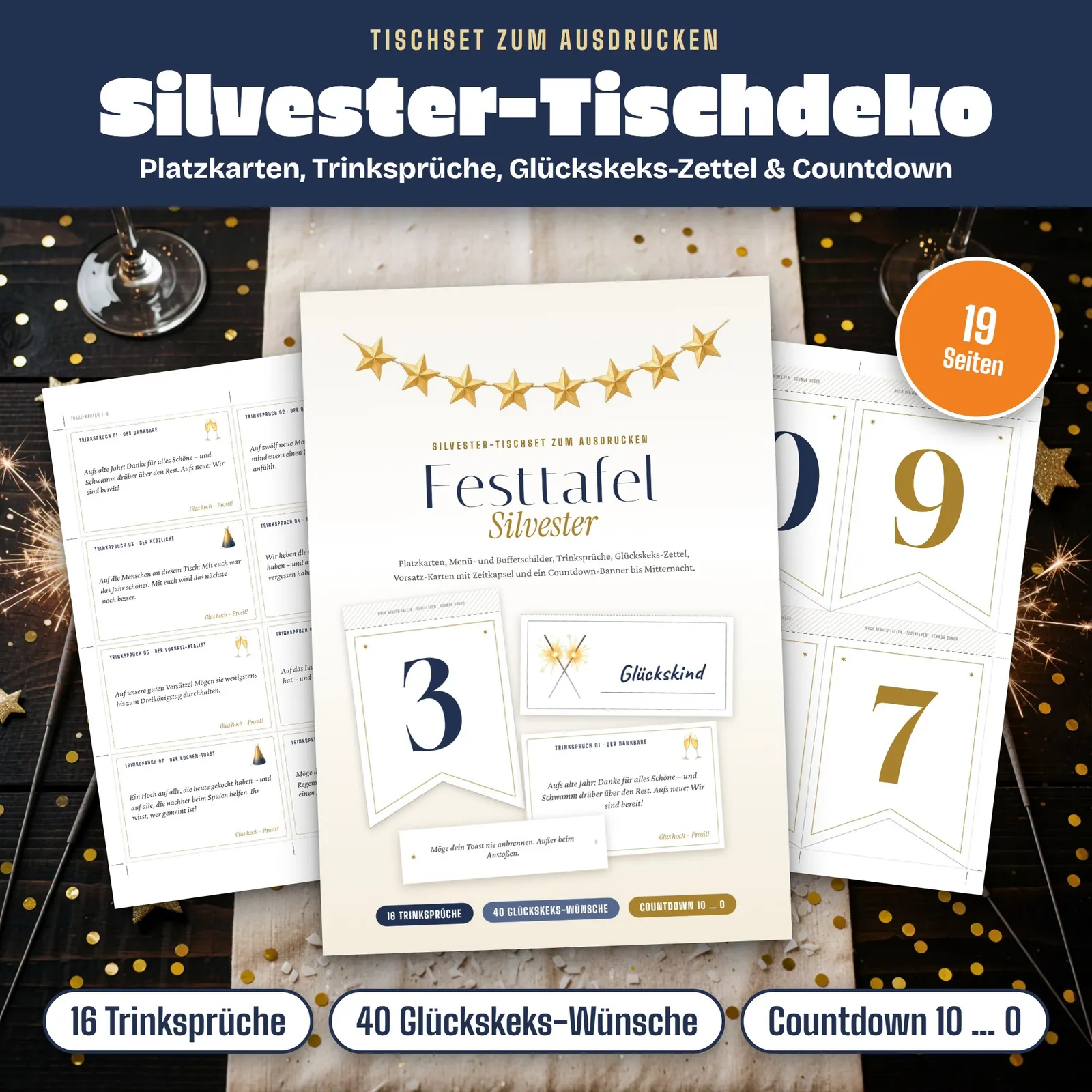 Silvester-Tischdeko zum Ausdrucken – Festtafel mit Countdown-Banner – Titelbild