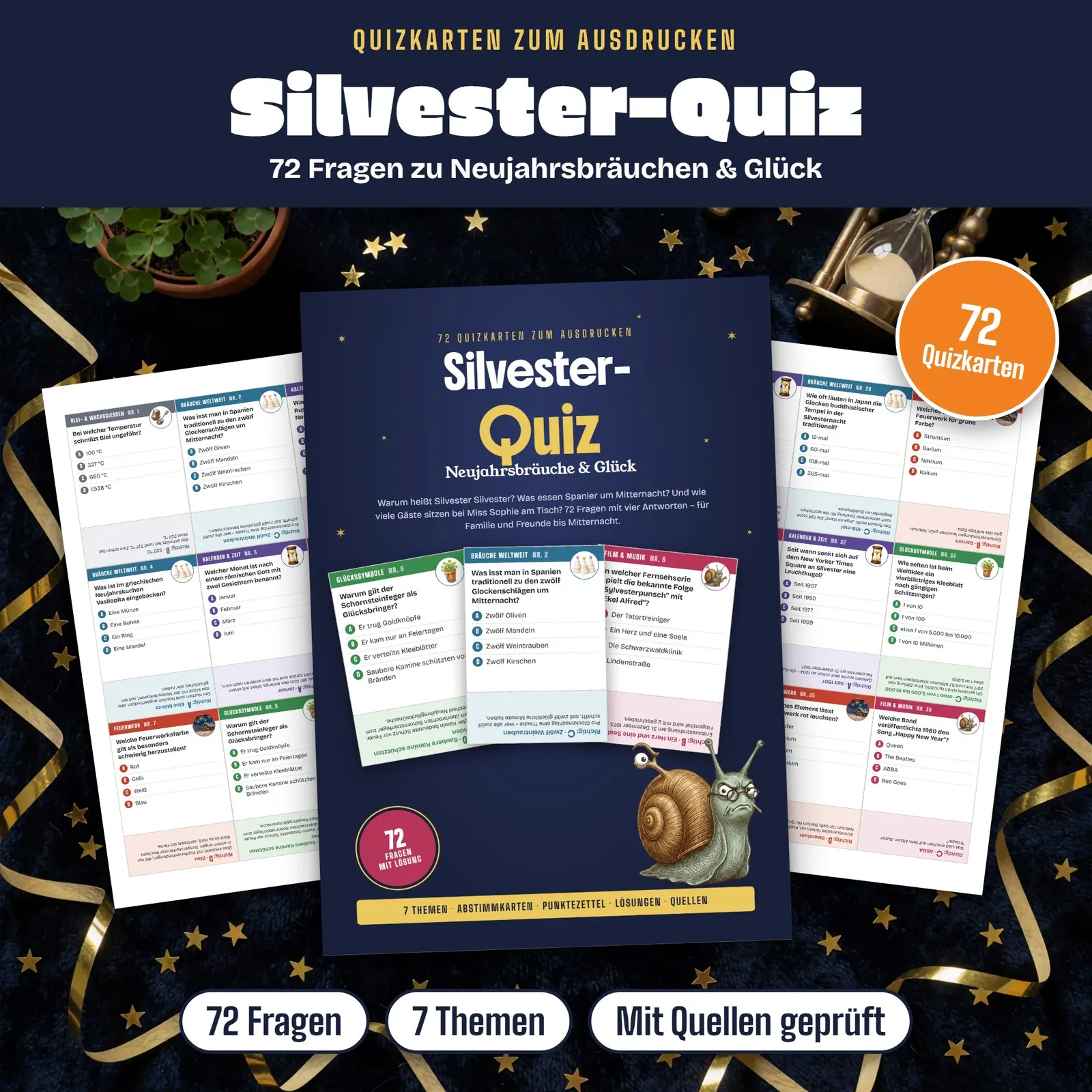 Silvester-Quiz zum Ausdrucken – 72 Quizkarten zu Neujahrsbräuchen – Titelbild