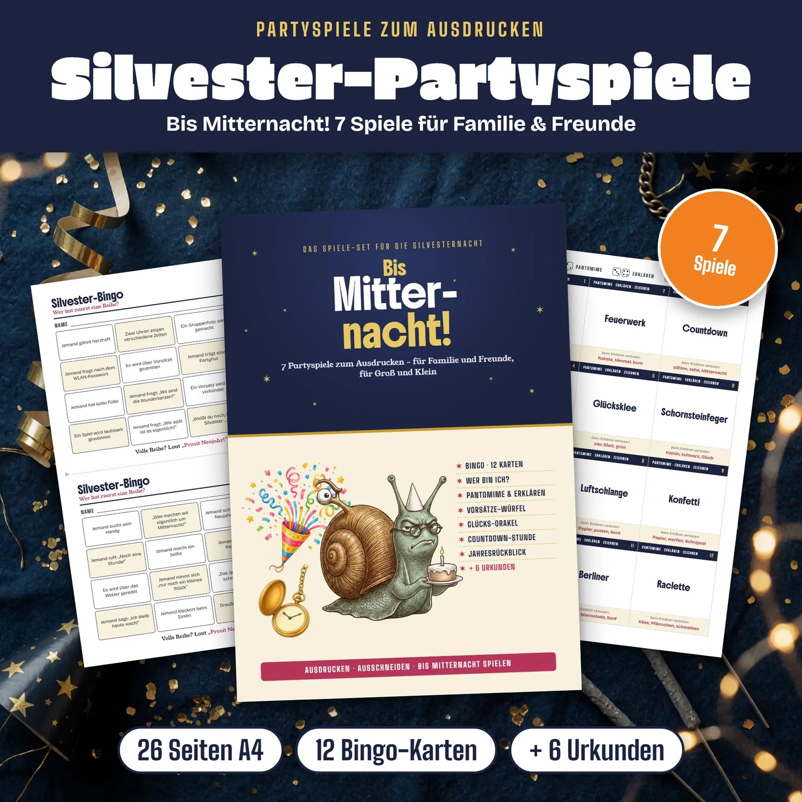 Silvester-Spiele zum Ausdrucken – Bis Mitternacht! Partyspiele-Set – Titelbild